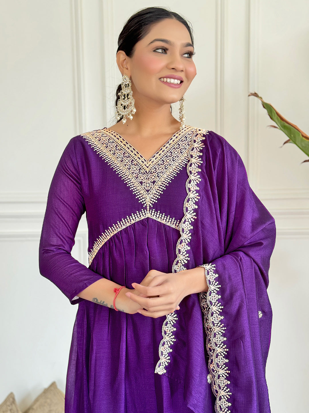 Wine Vichitra Silk Elegant Kurta Pant Set With Embroidery Work