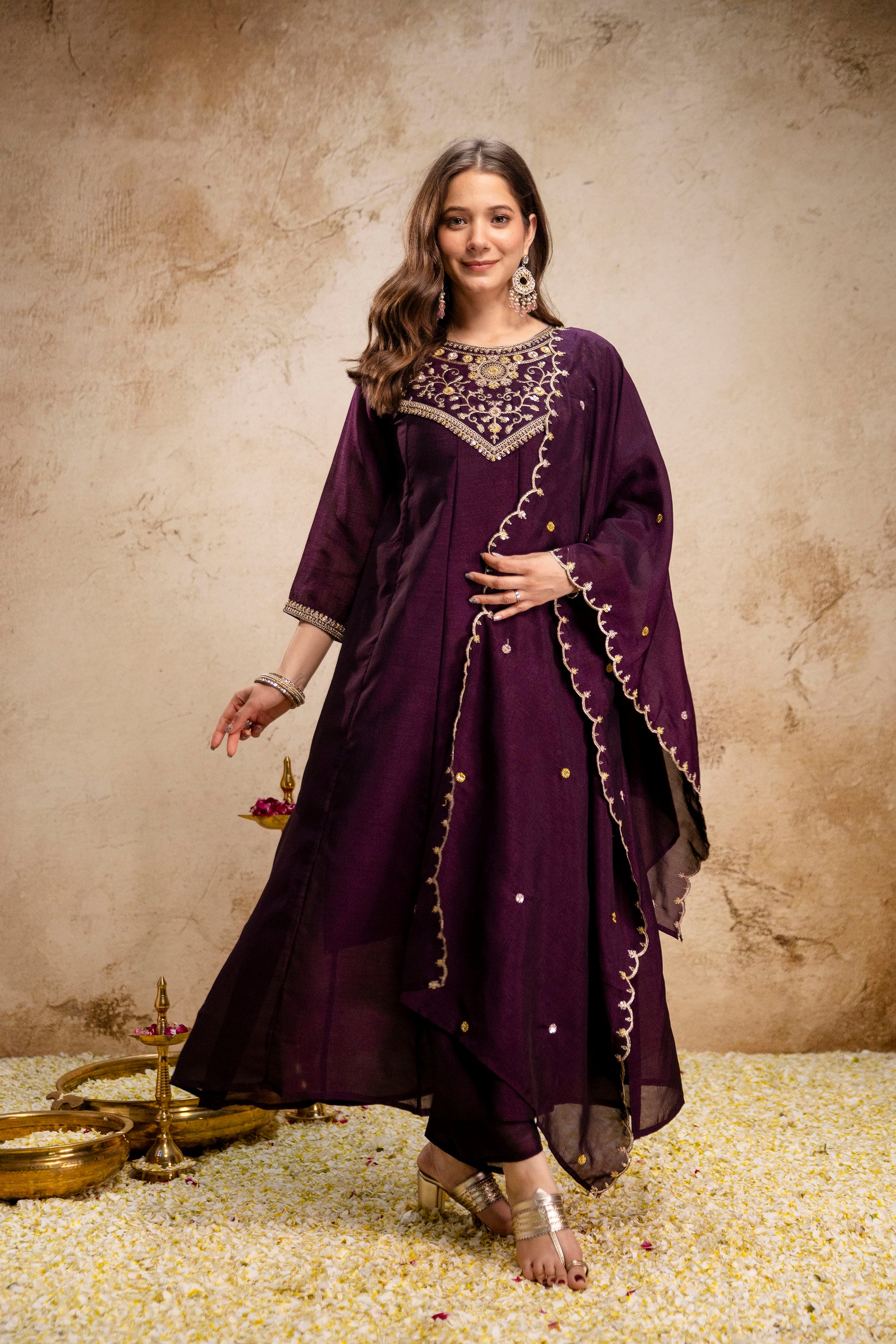 Wine Vichitra Silk Kurta Pant Set With Heavy Thread Embroidery Work