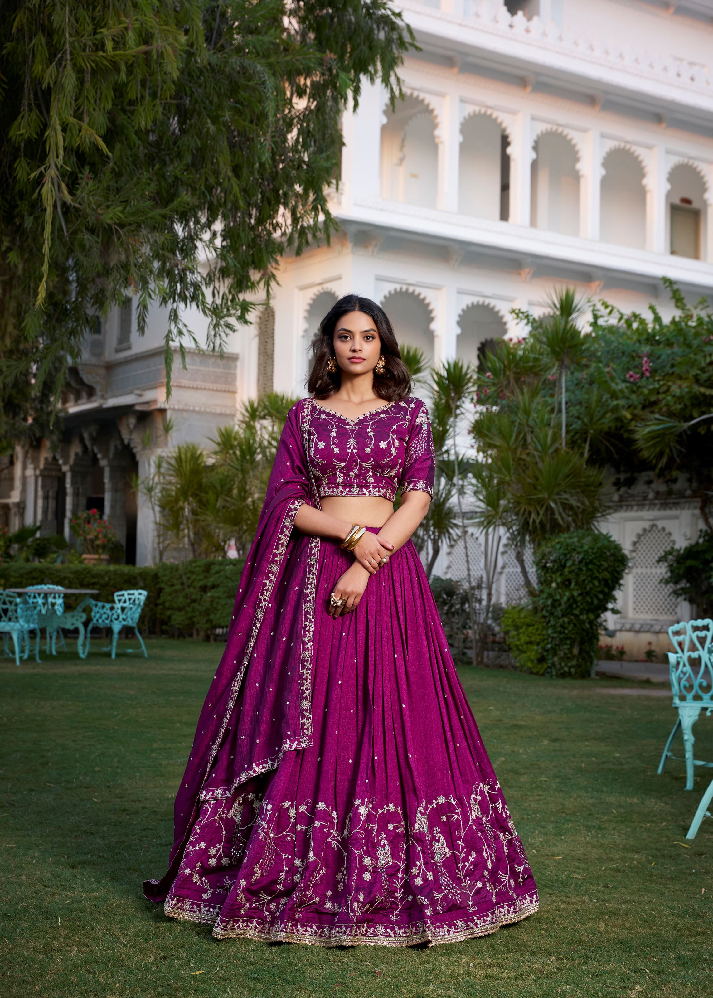 Wine Vichitra Silk Lehenga Choli with Intricate Embroidery Work