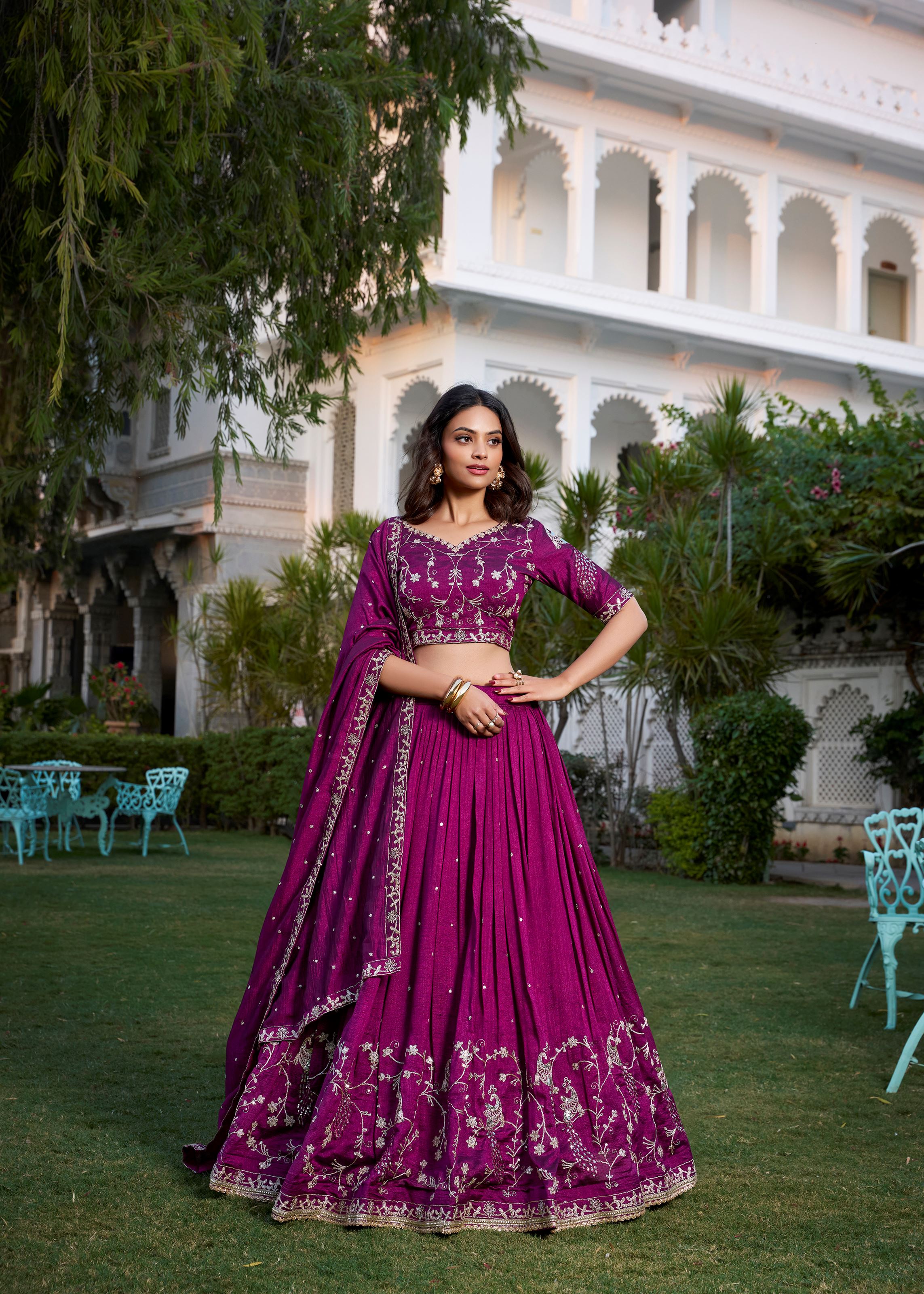 Wine Vichitra Silk Lehenga Choli with Intricate Embroidery Work