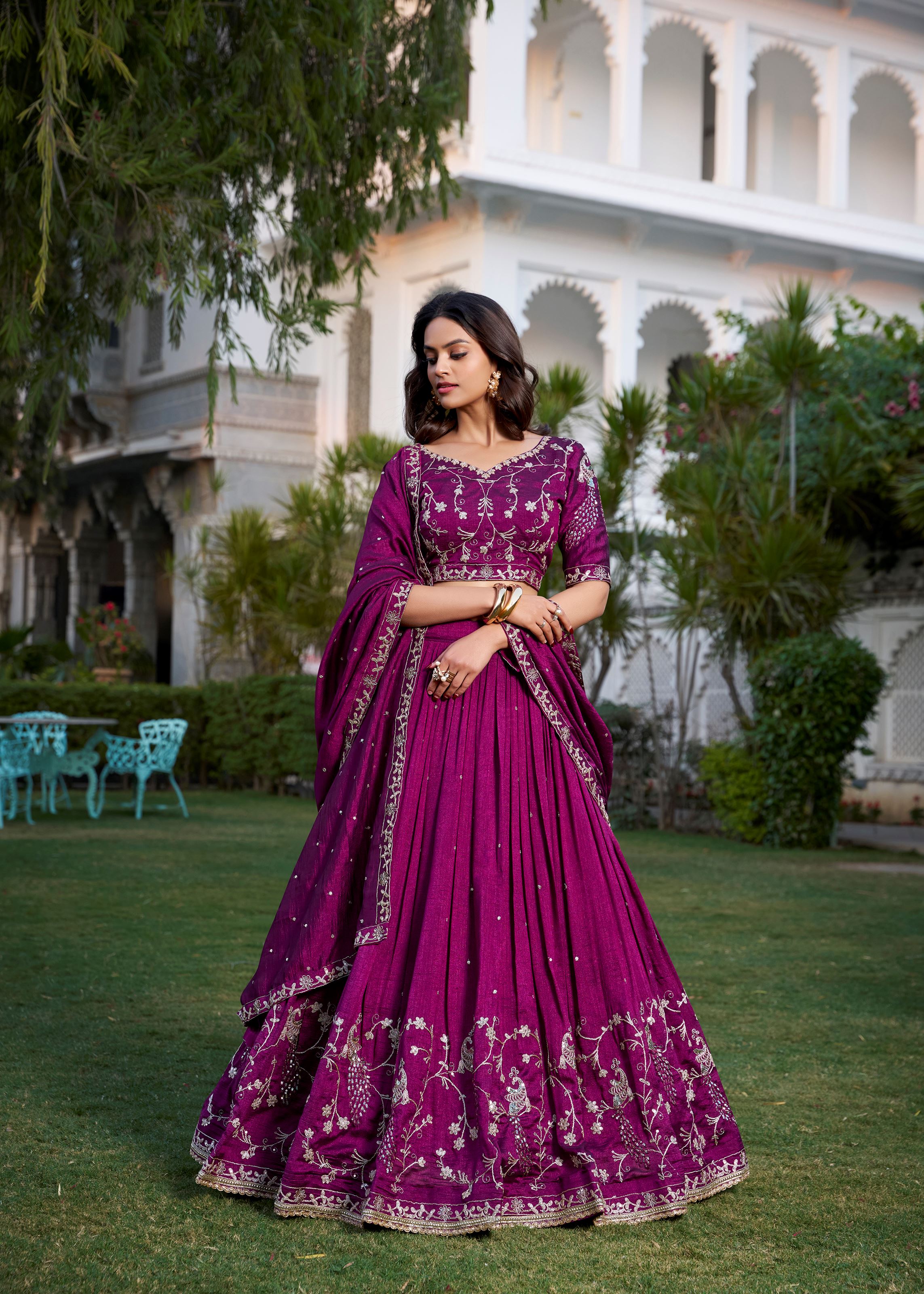 Wine Vichitra Silk Lehenga Choli with Intricate Embroidery Work