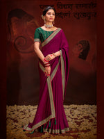 Wine Vichitra Silk Saree With  Heavy Diamond Work and Embroidery  Lace Border