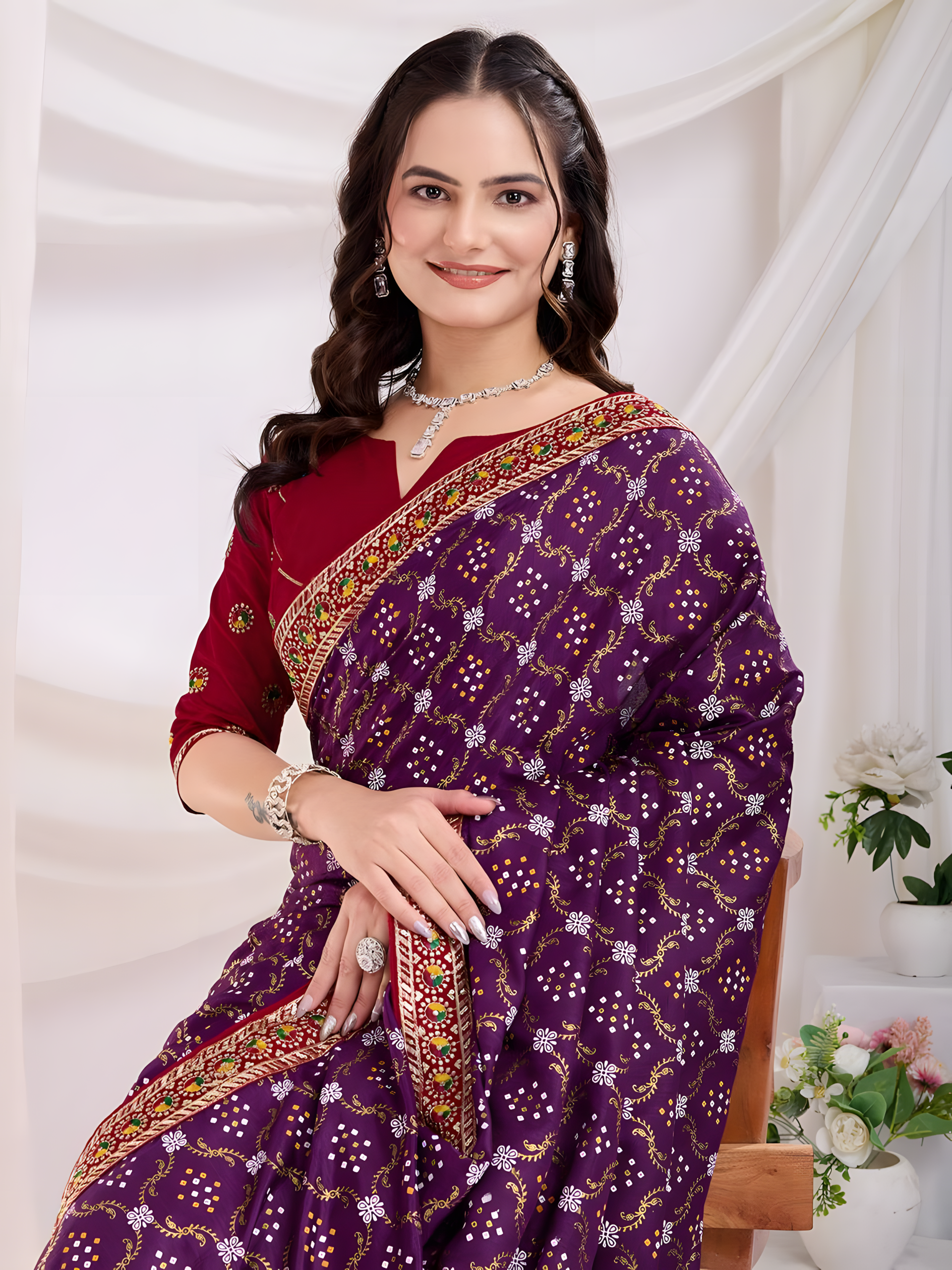 Wine  Vichitra silk  Saree with Golden Foil  bandhani print with embroidery work lace Work