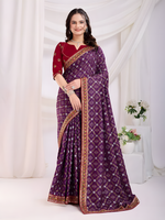 Wine  Vichitra silk  Saree with Golden Foil  bandhani print with embroidery work lace Work