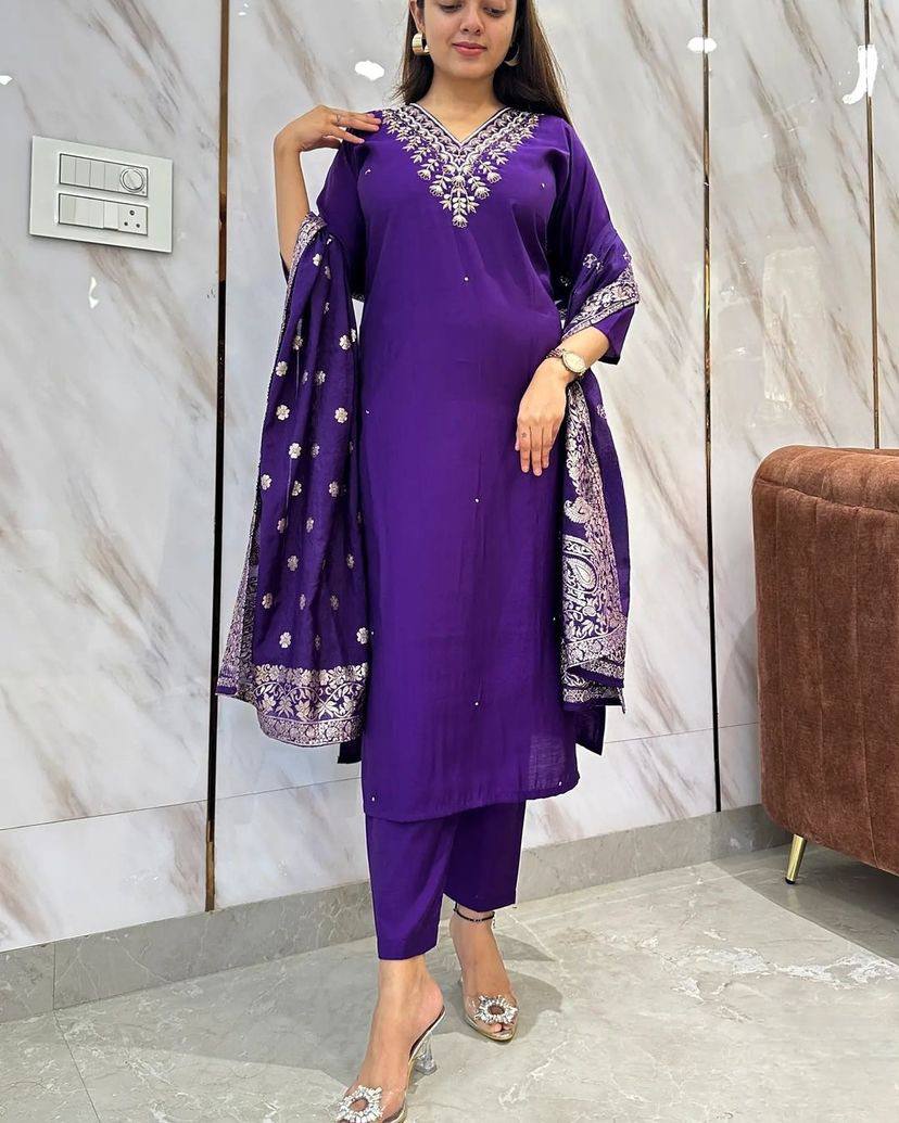 Wine Viscose Chanderi Kurta Pant With Heavy Thread Embroidery