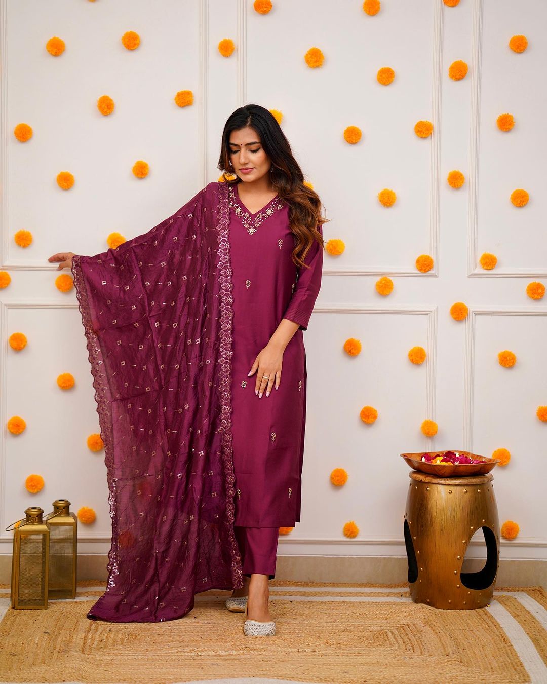Wine Viscose Chanderi Kurta Pant With Heavy Thread Embroidery Work With Sequins Work