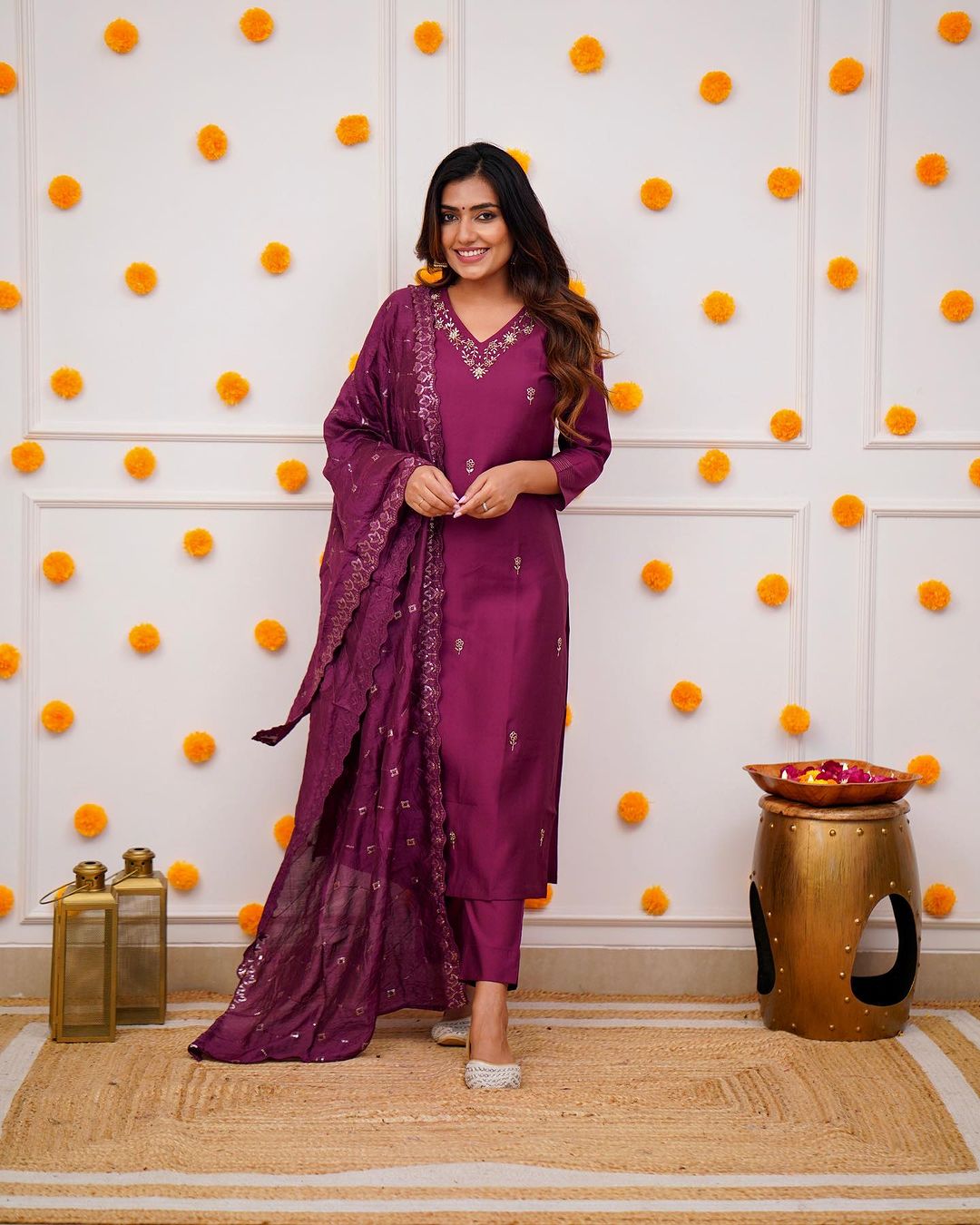 Wine Viscose Chanderi Kurta Pant With Heavy Thread Embroidery Work With Sequins Work