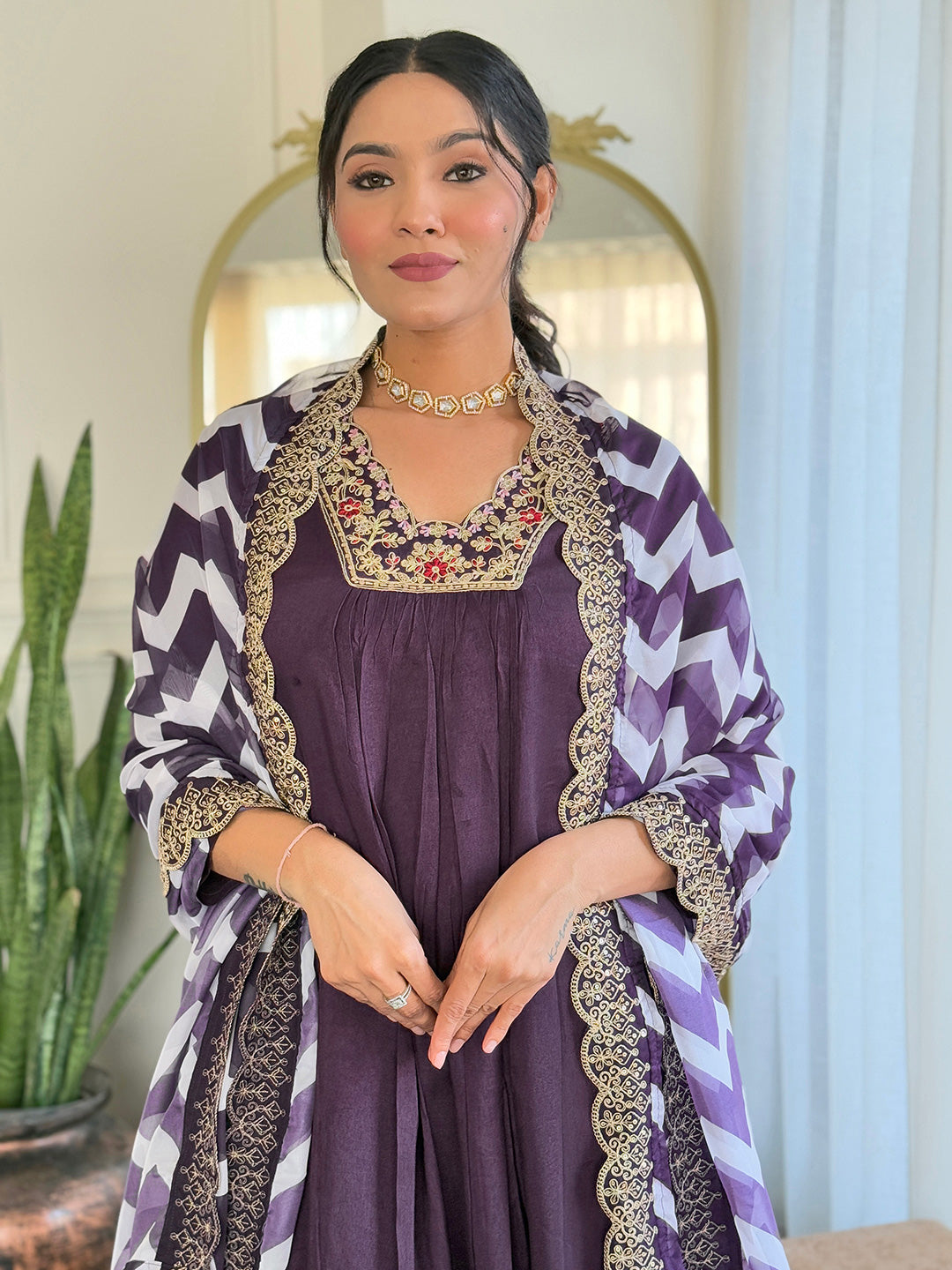 Wine Viscose Elegant Kurta Pant Set With Embroidery Work