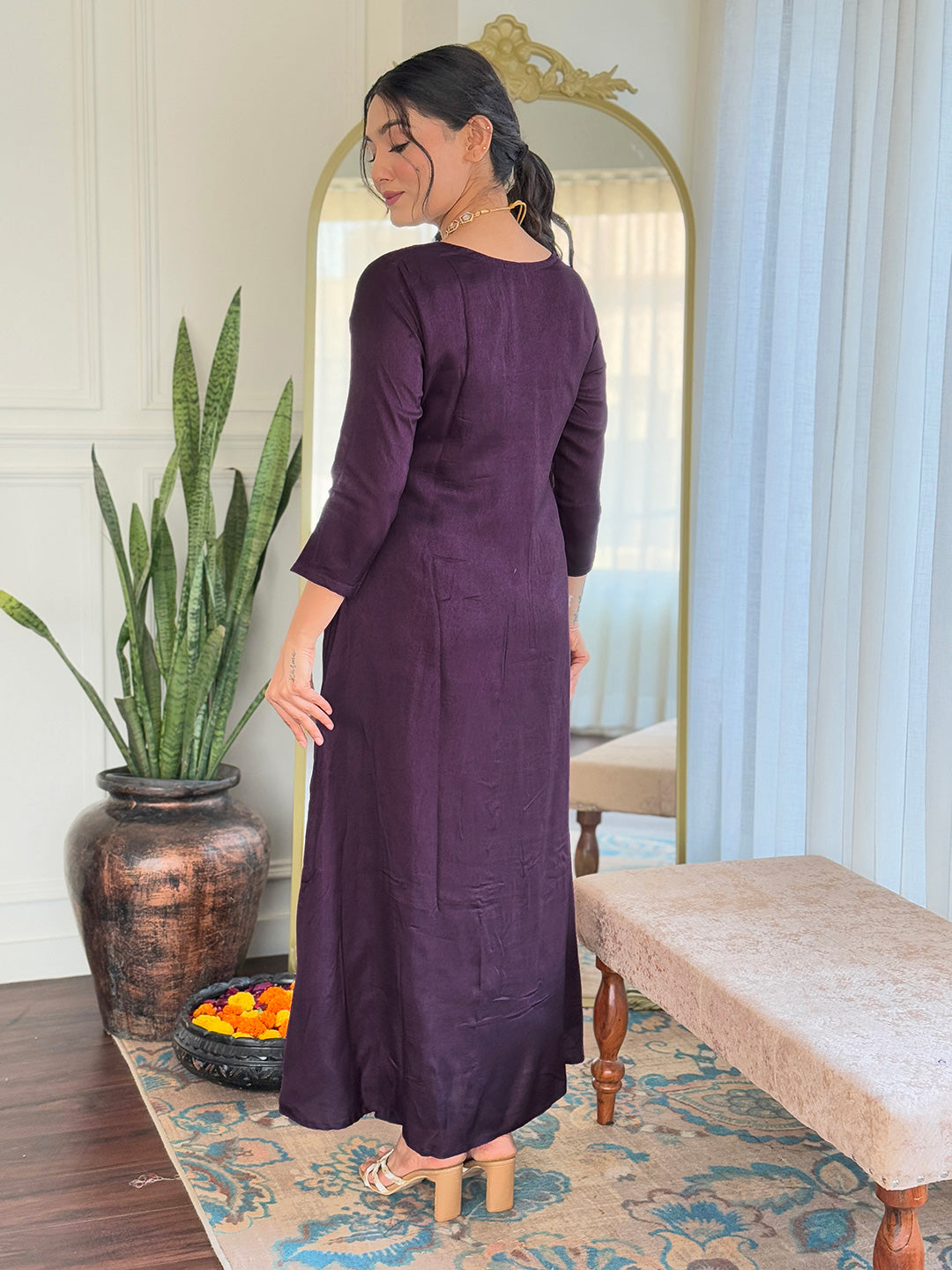Wine Viscose Elegant Kurta Pant Set With Embroidery Work