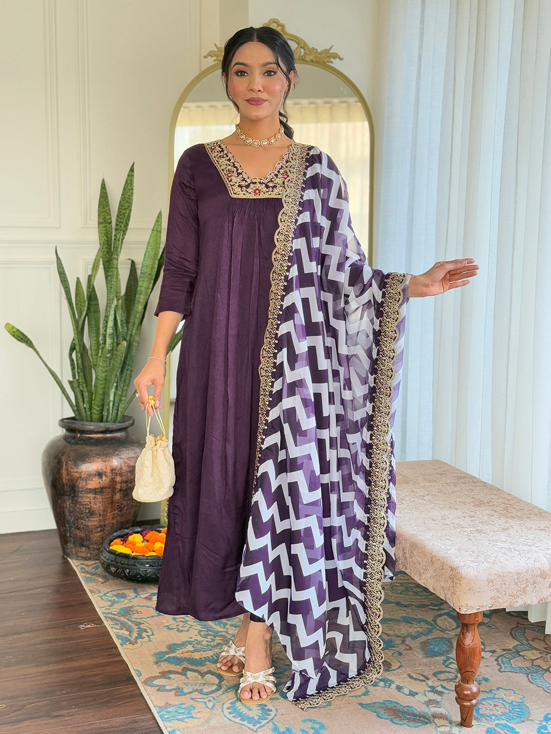 Wine Viscose Elegant Kurta Pant Set With Embroidery Work