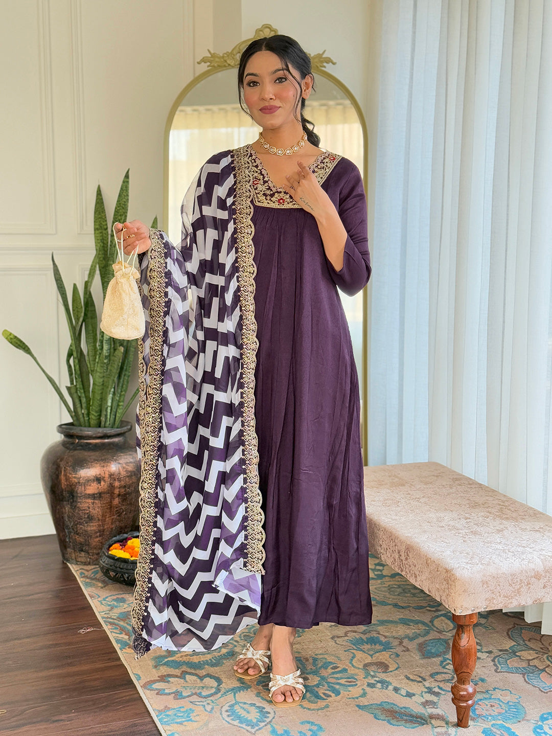 Wine Viscose Elegant Kurta Pant Set With Embroidery Work