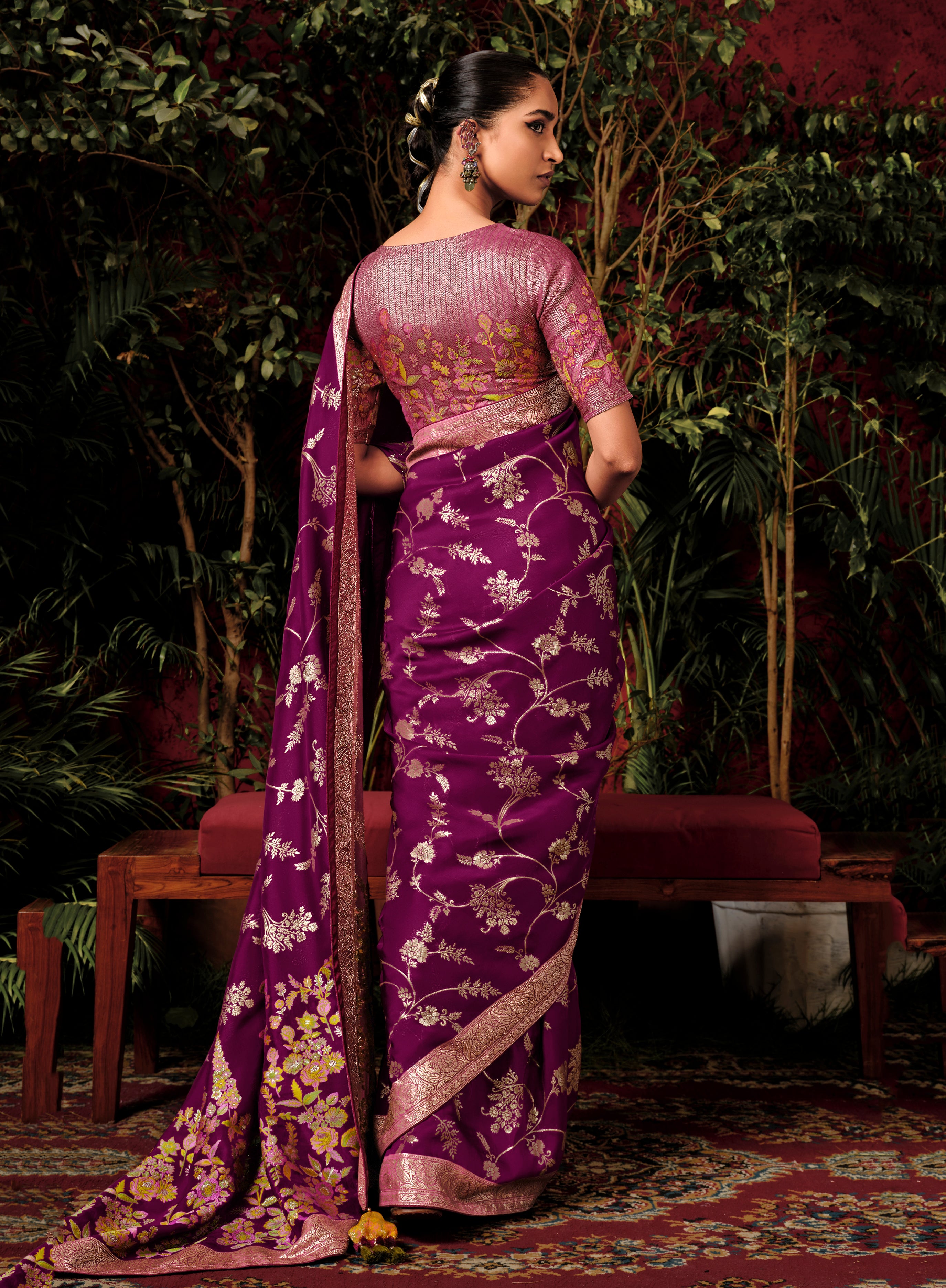 Wine Viscose Silk Saree With  Jacquard Woven Work
