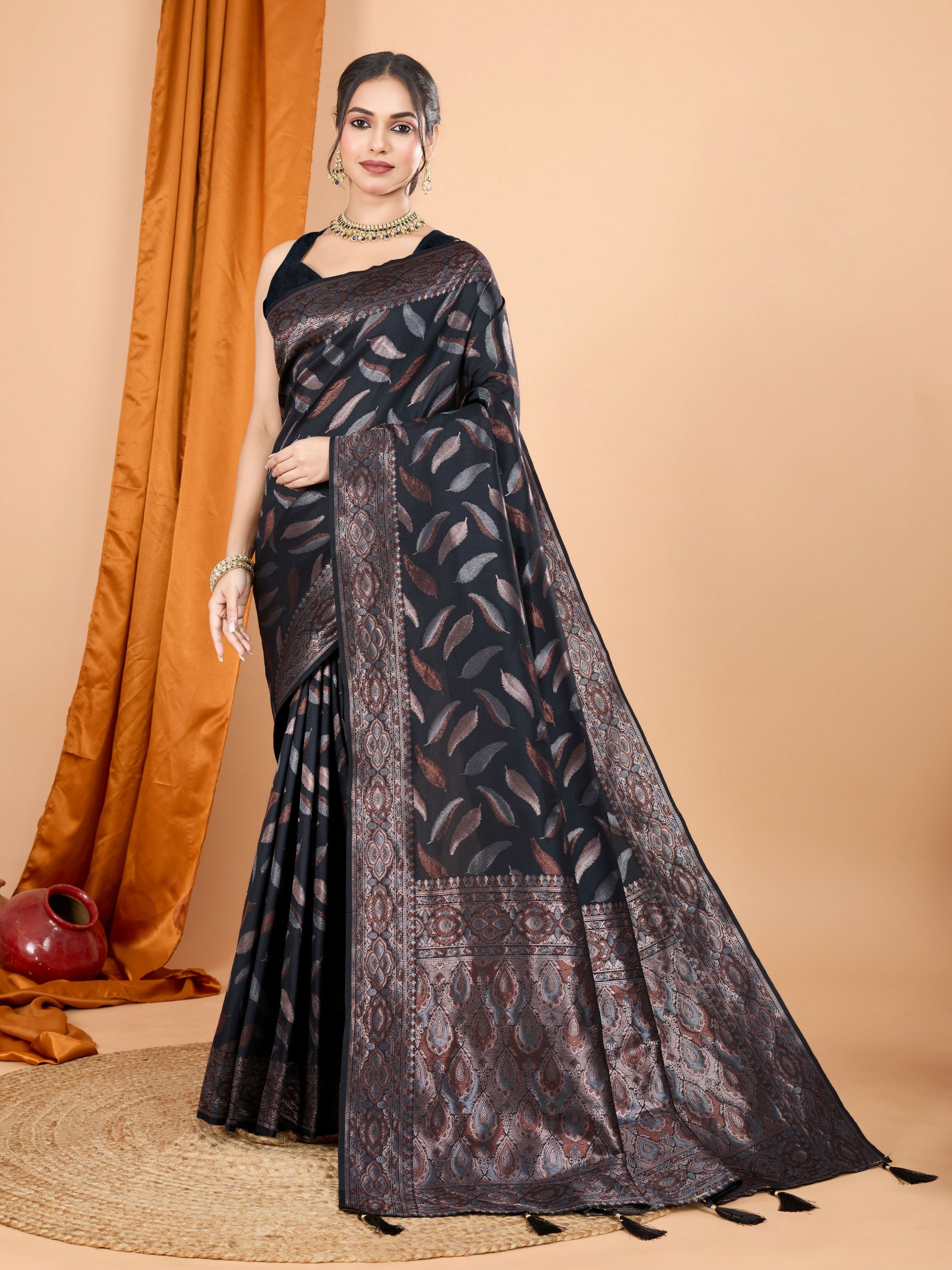 Woven Double Jari Designer Black Soft Silk Partywear Saree