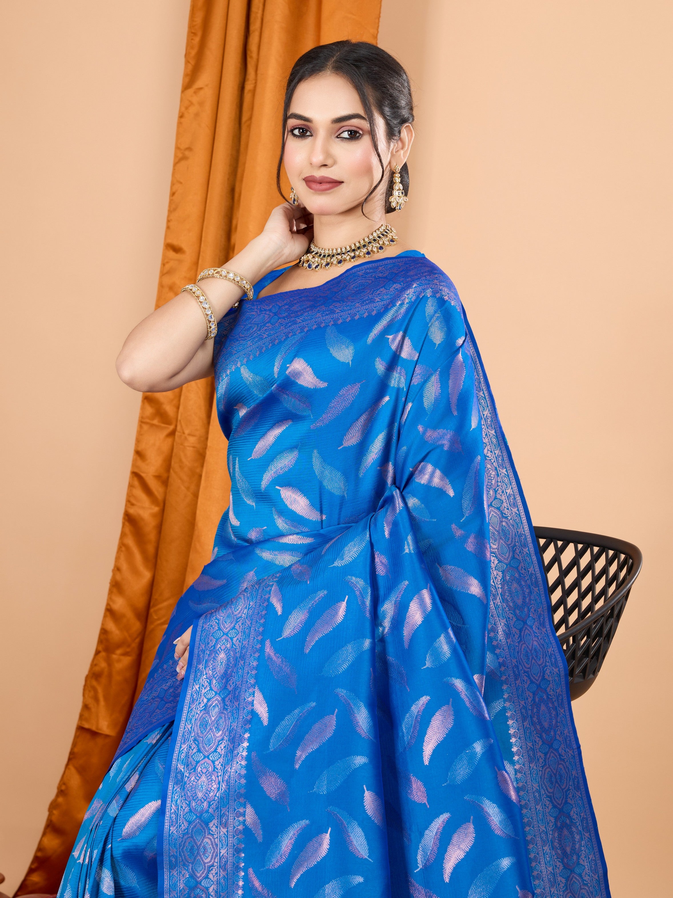 Woven Double Jari Designer Blue Soft Silk Partywear Saree