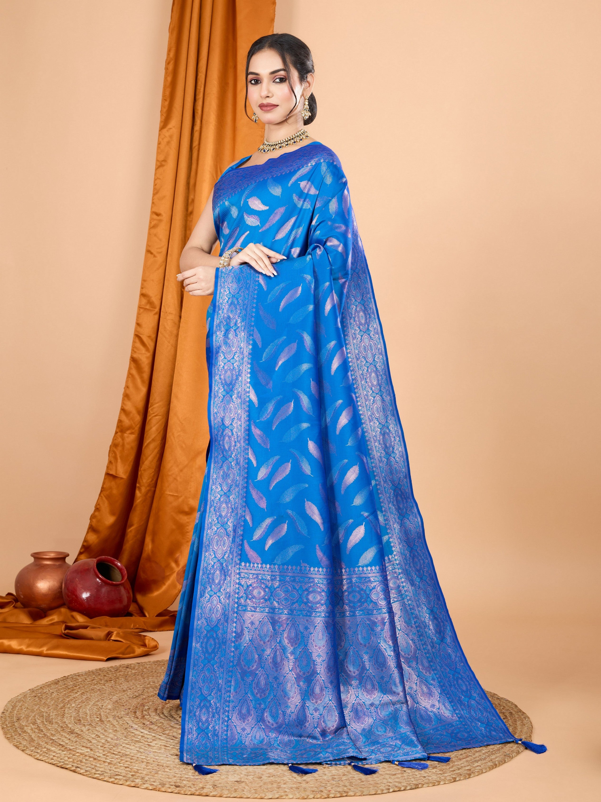 Woven Double Jari Designer Blue Soft Silk Partywear Saree