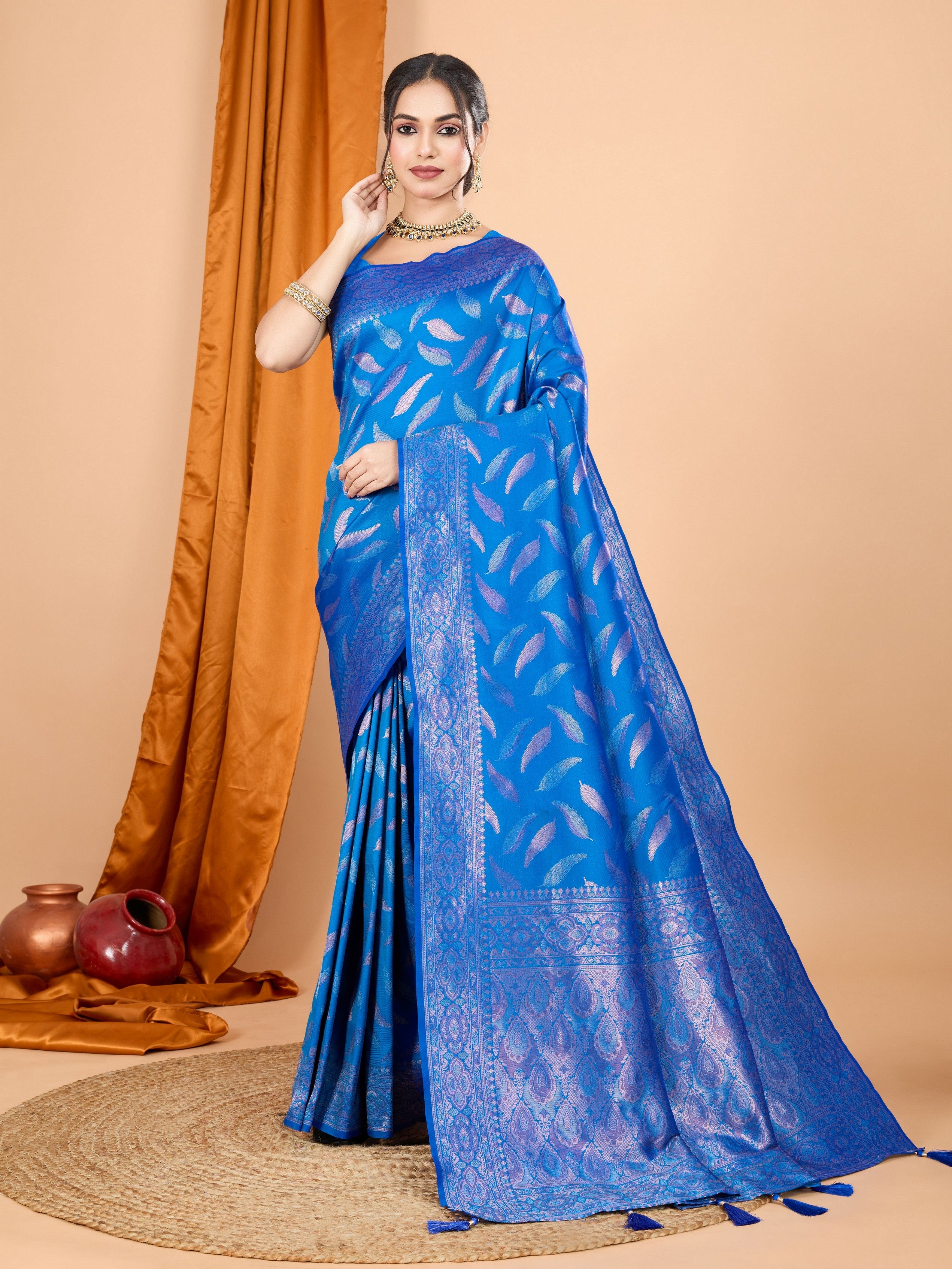 Woven Double Jari Designer Blue Soft Silk Partywear Saree