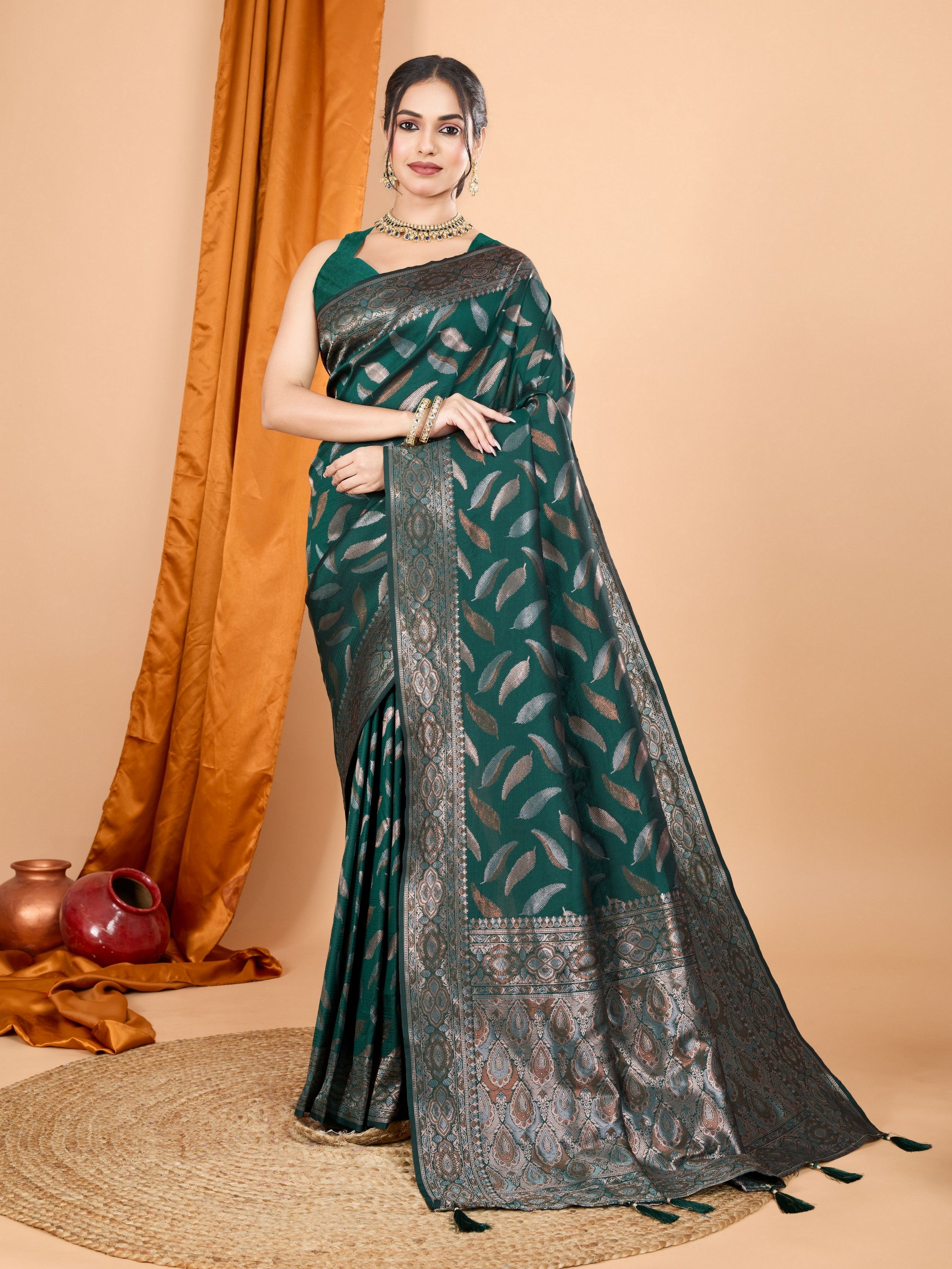 Woven Double Jari Designer Green Soft Silk Partywear Saree