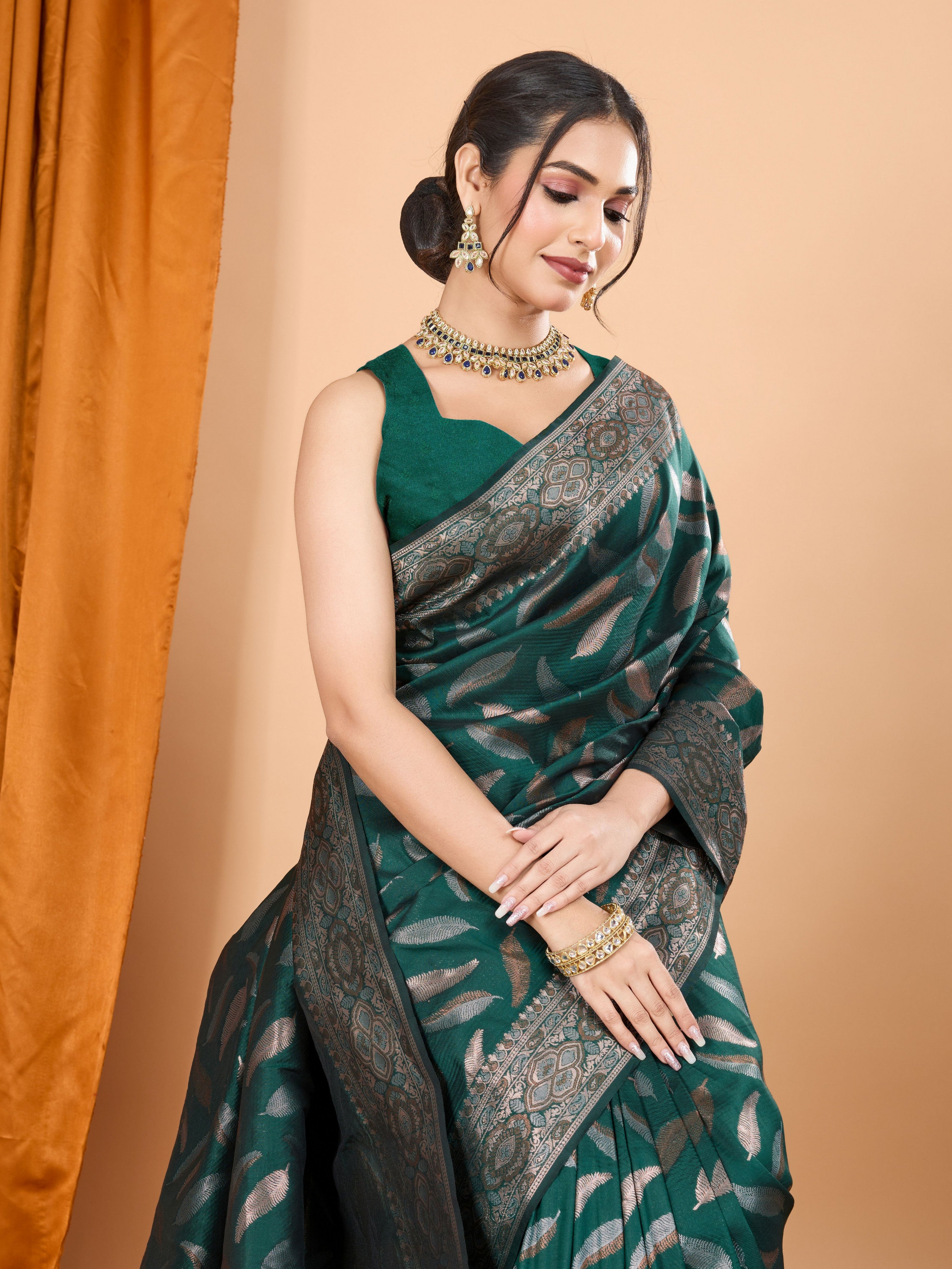 Woven Double Jari Designer Green Soft Silk Partywear Saree