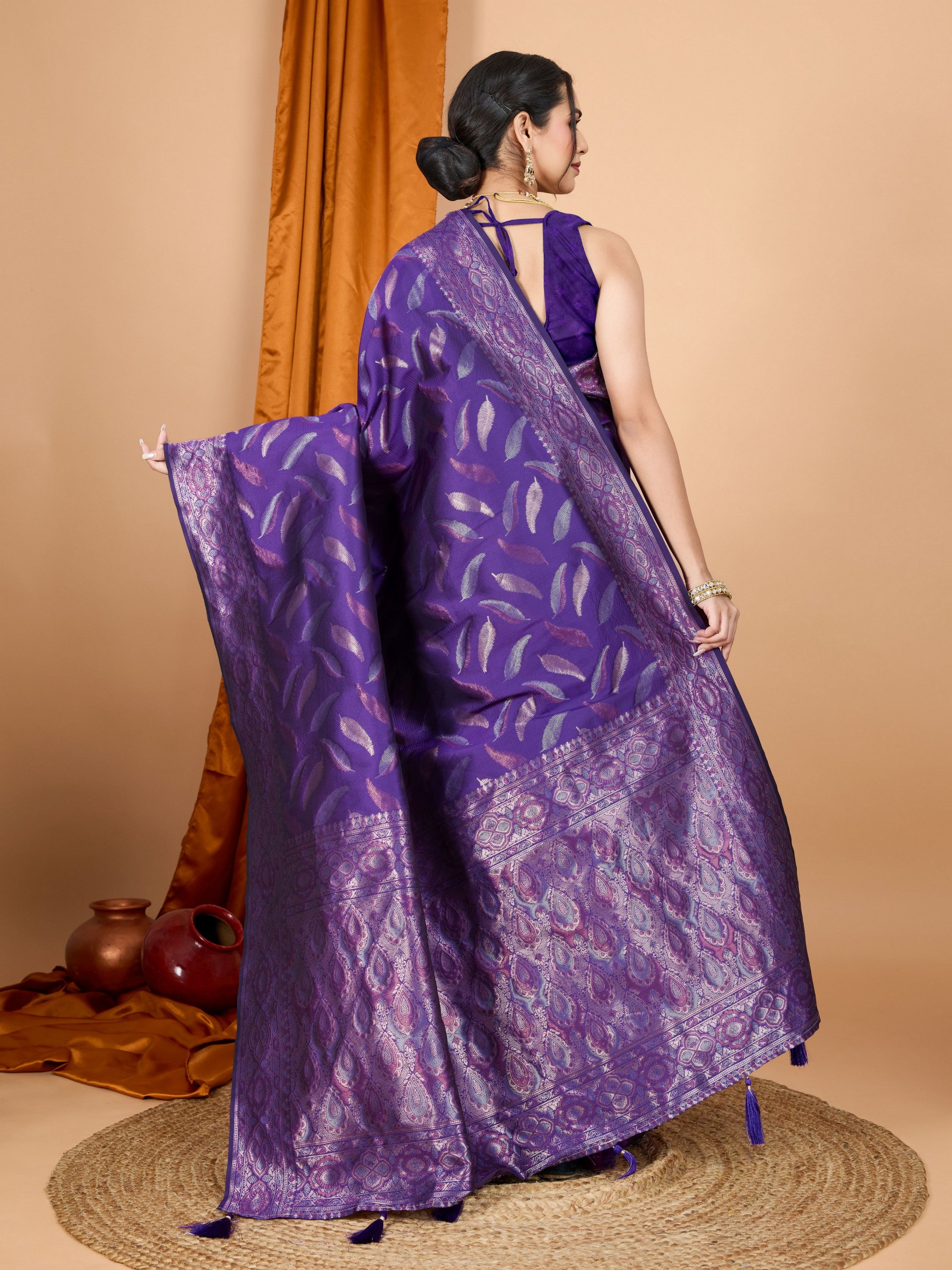Woven Double Jari Designer Lavender Soft Silk Partywear Saree