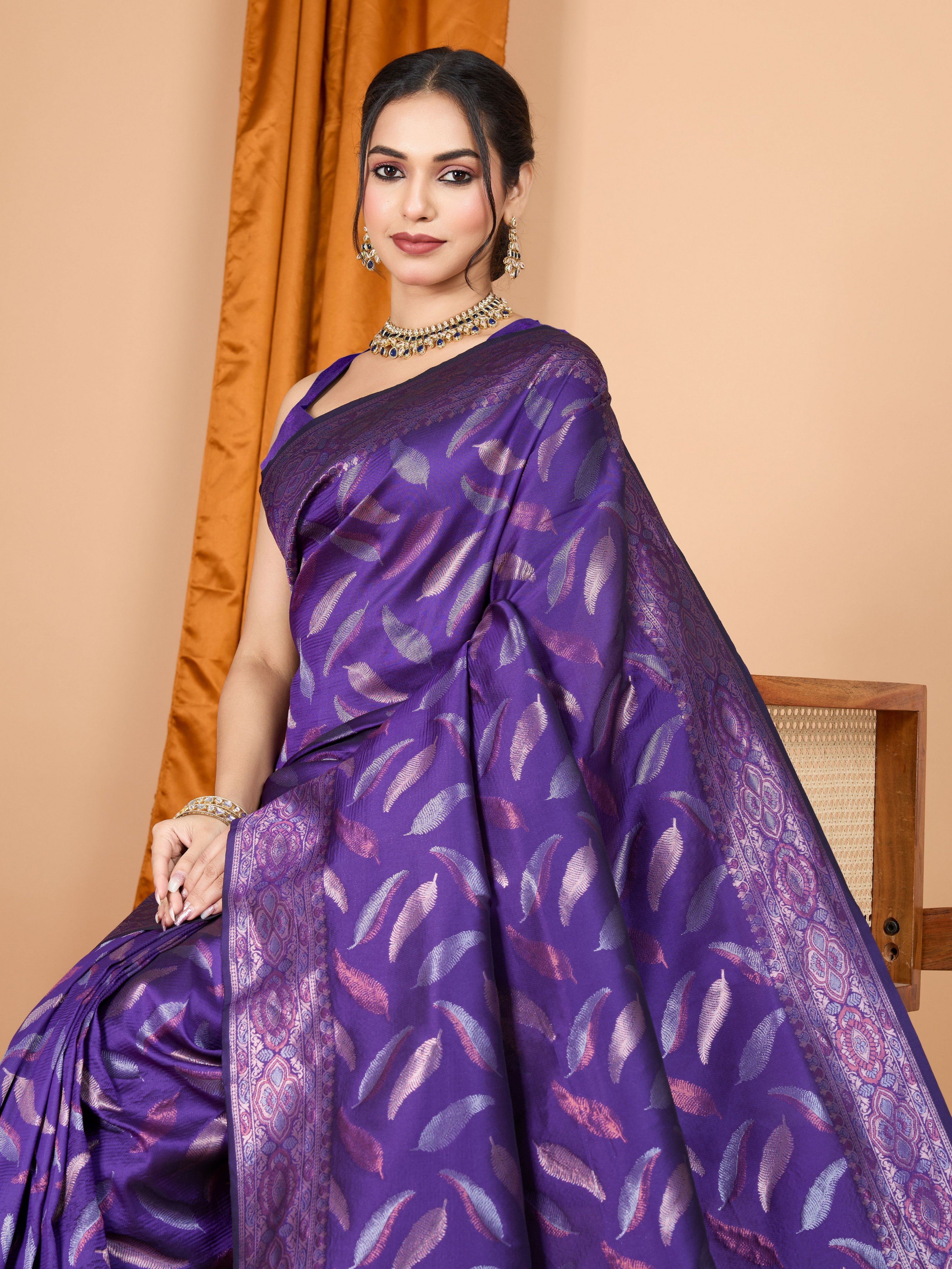 Woven Double Jari Designer Lavender Soft Silk Partywear Saree