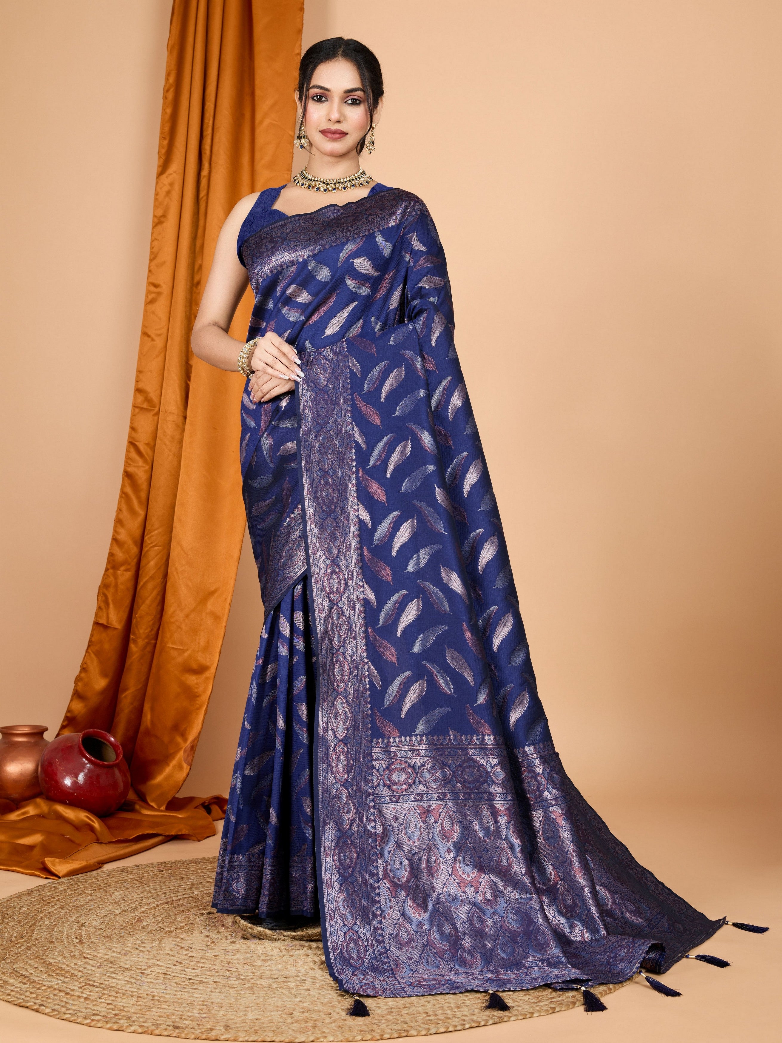 Woven Double Jari Designer Navy Blue Soft Silk Partywear Saree