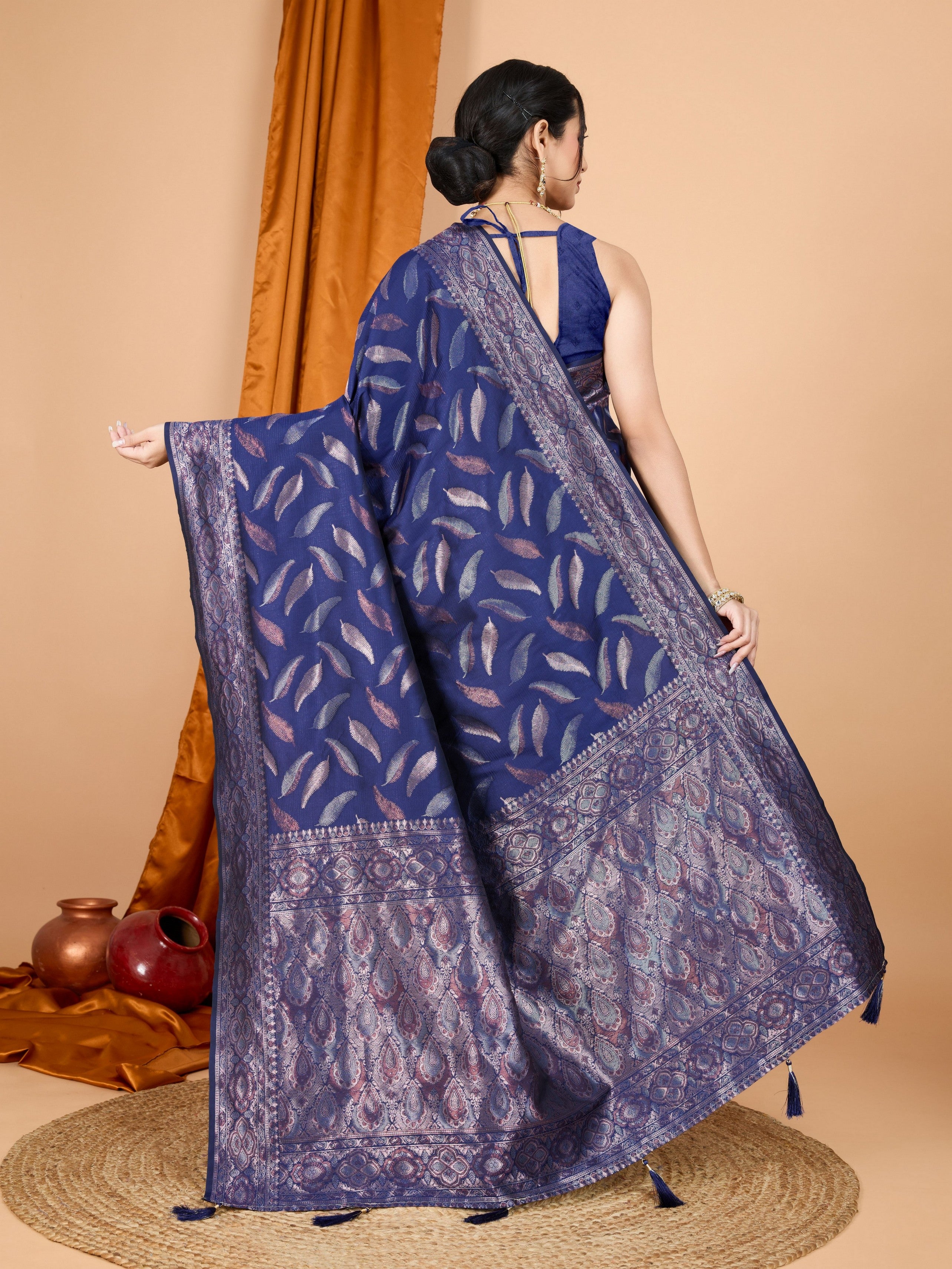Woven Double Jari Designer Navy Blue Soft Silk Partywear Saree