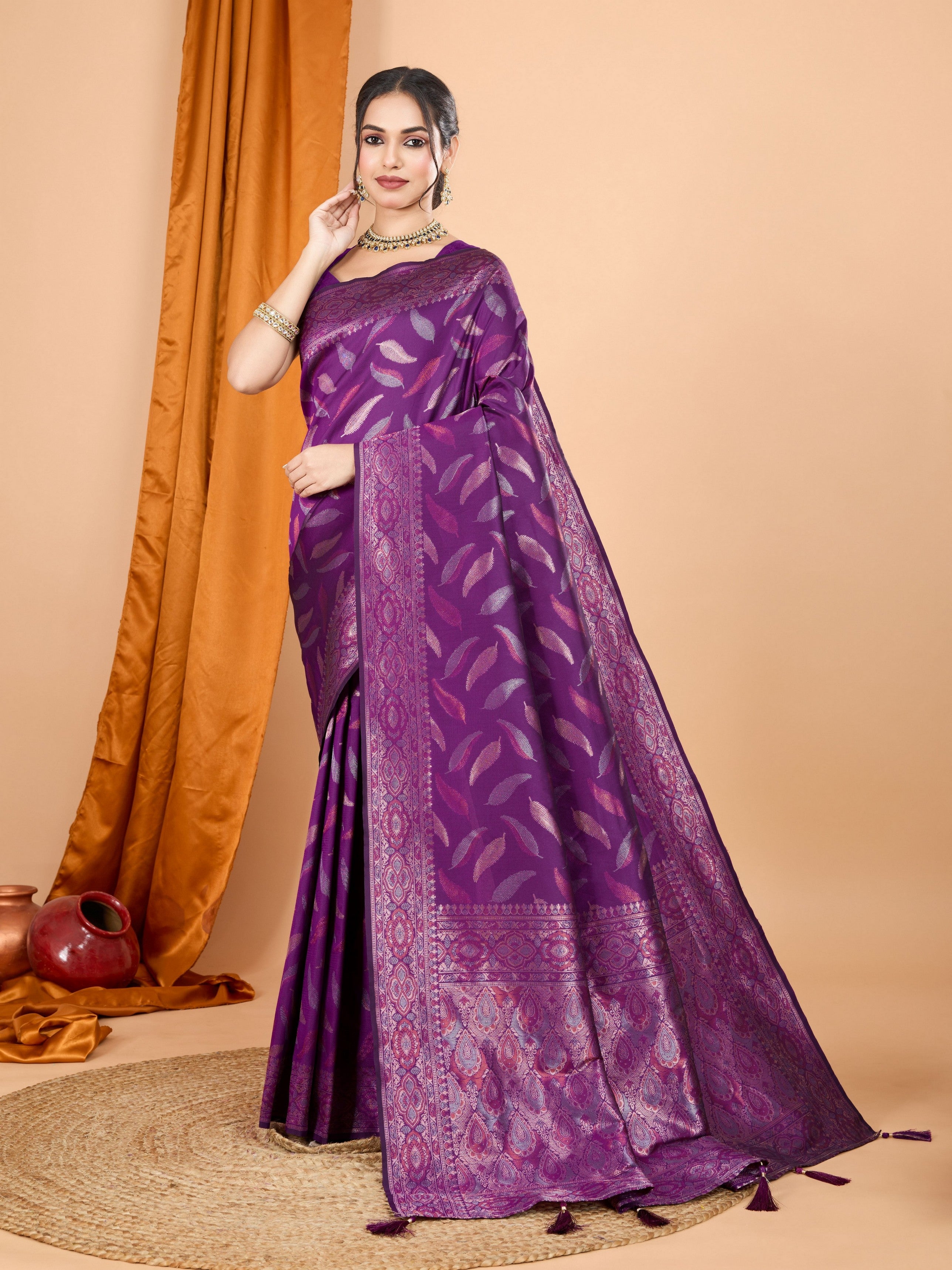 Woven Double Jari Designer Purple Soft Silk Partywear Saree