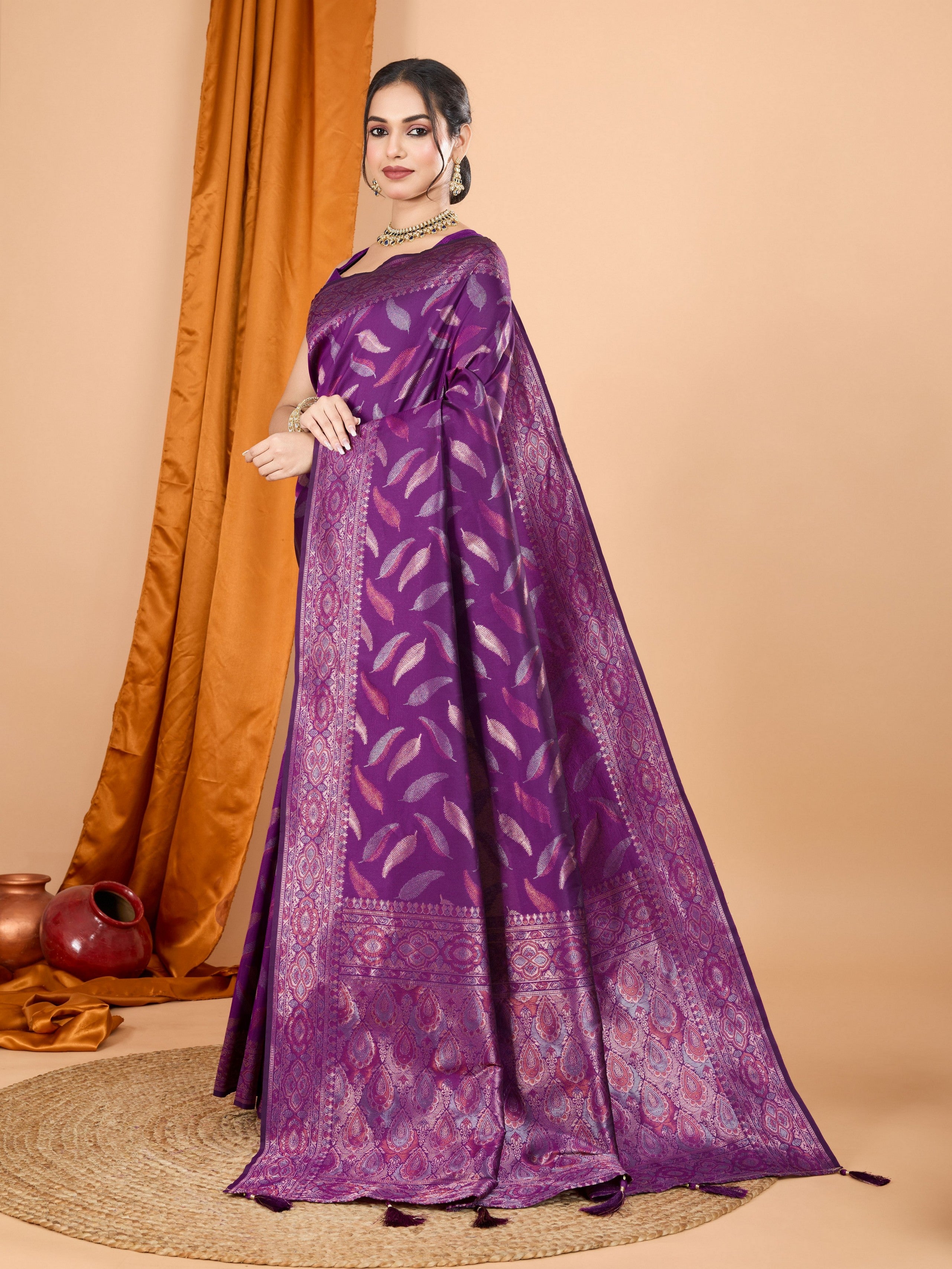 Woven Double Jari Designer Purple Soft Silk Partywear Saree