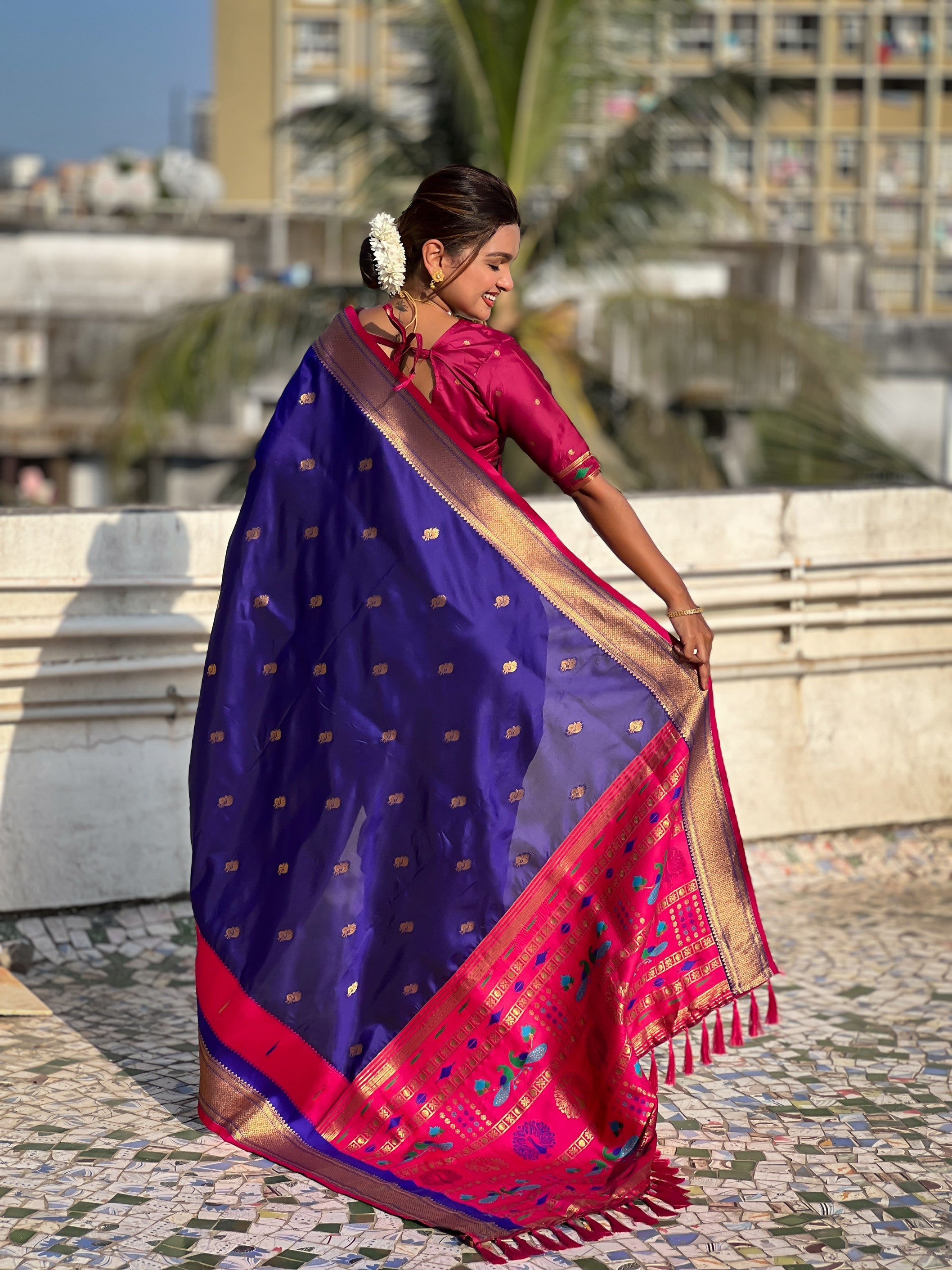 Woven Gold Jari Peacock Designer Blue Paithani Silk Ethnic Saree