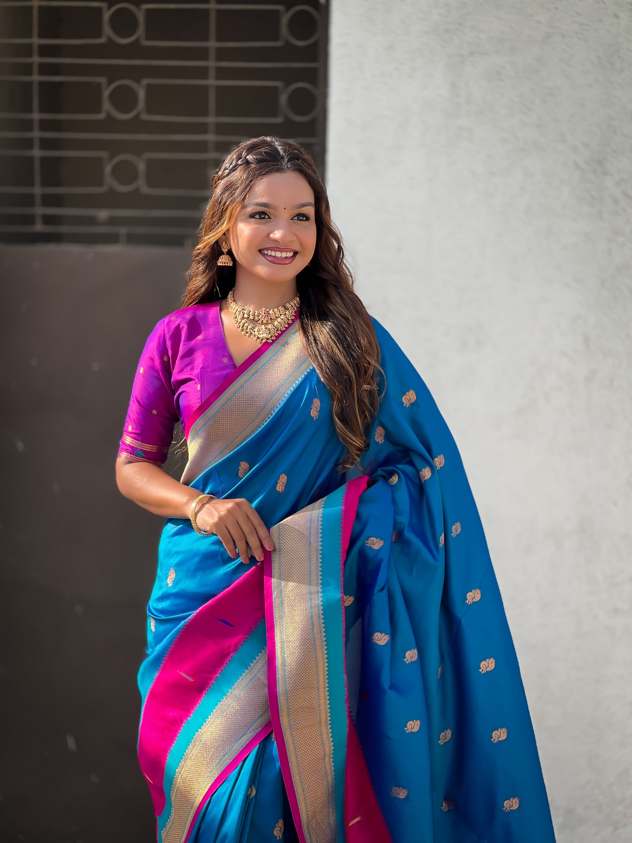 Woven Gold Jari Peacock Designer Blue Paithani Silk Ethnic Saree