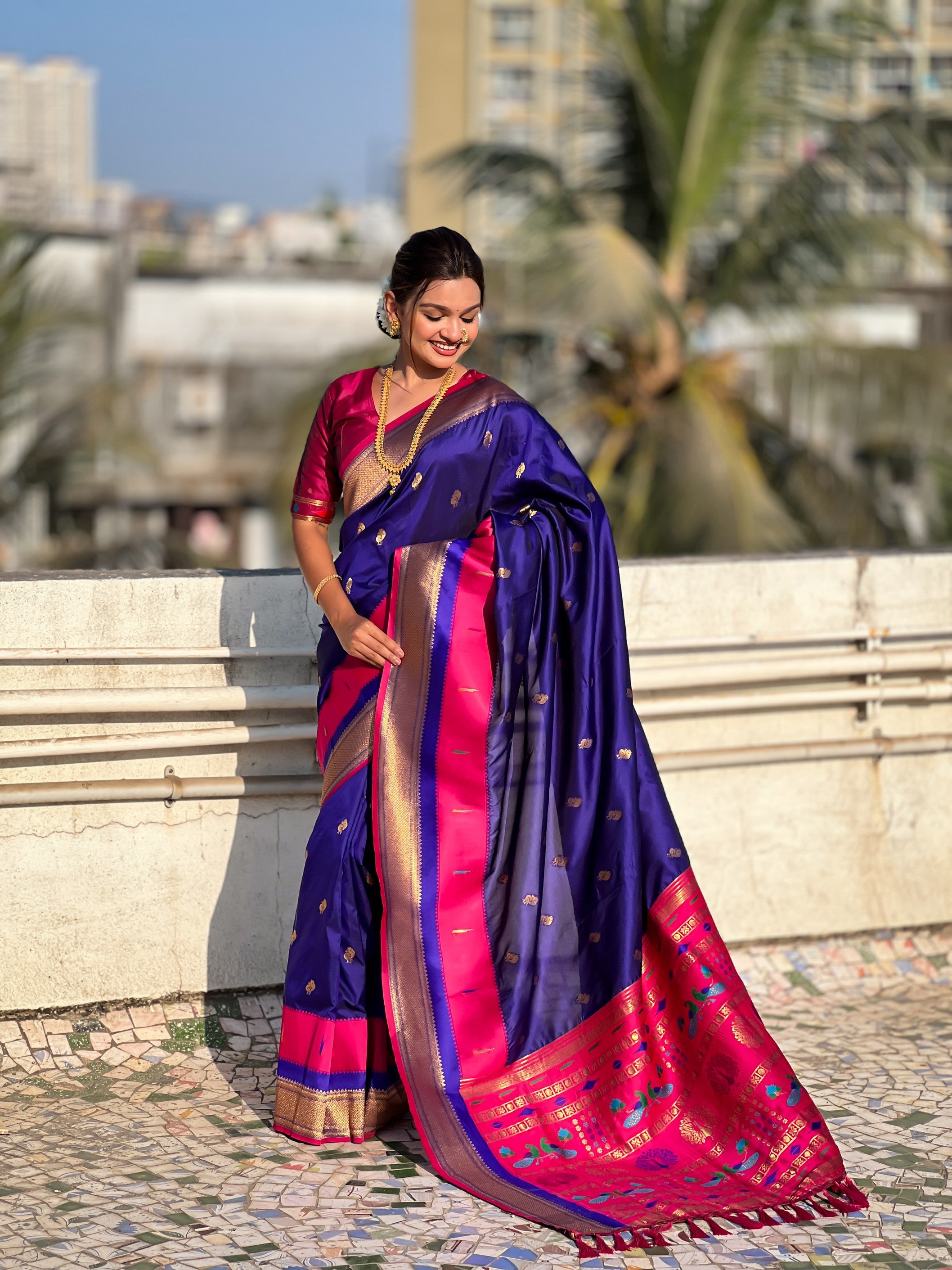 Woven Gold Jari Peacock Designer Blue Paithani Silk Ethnic Saree