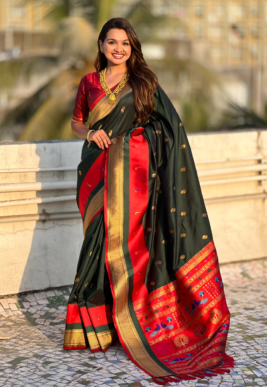 Woven Gold Jari Peacock Designer Green Paithani Silk Ethnic Saree