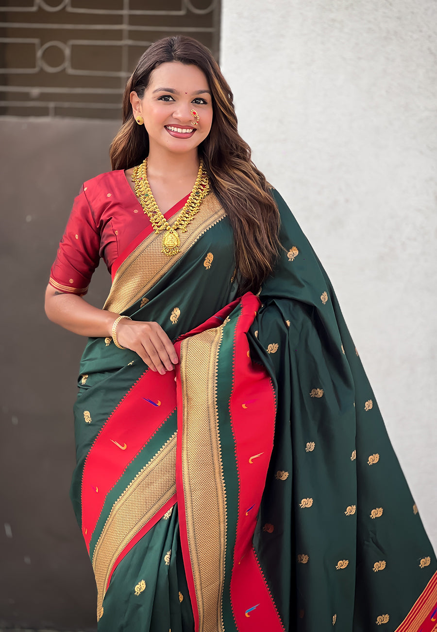 Woven Gold Jari Peacock Designer Green Paithani Silk Ethnic Saree