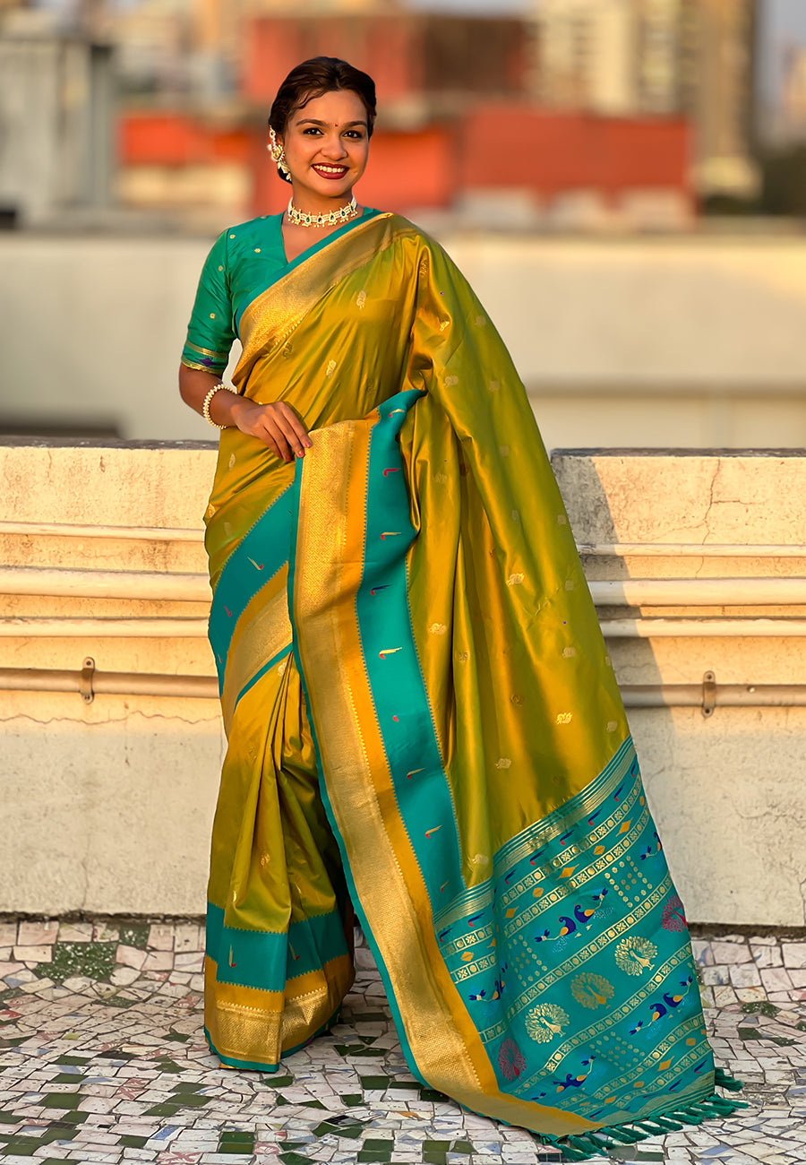 Woven Gold Jari Peacock Designer Mahendi Paithani Silk Ethnic Saree