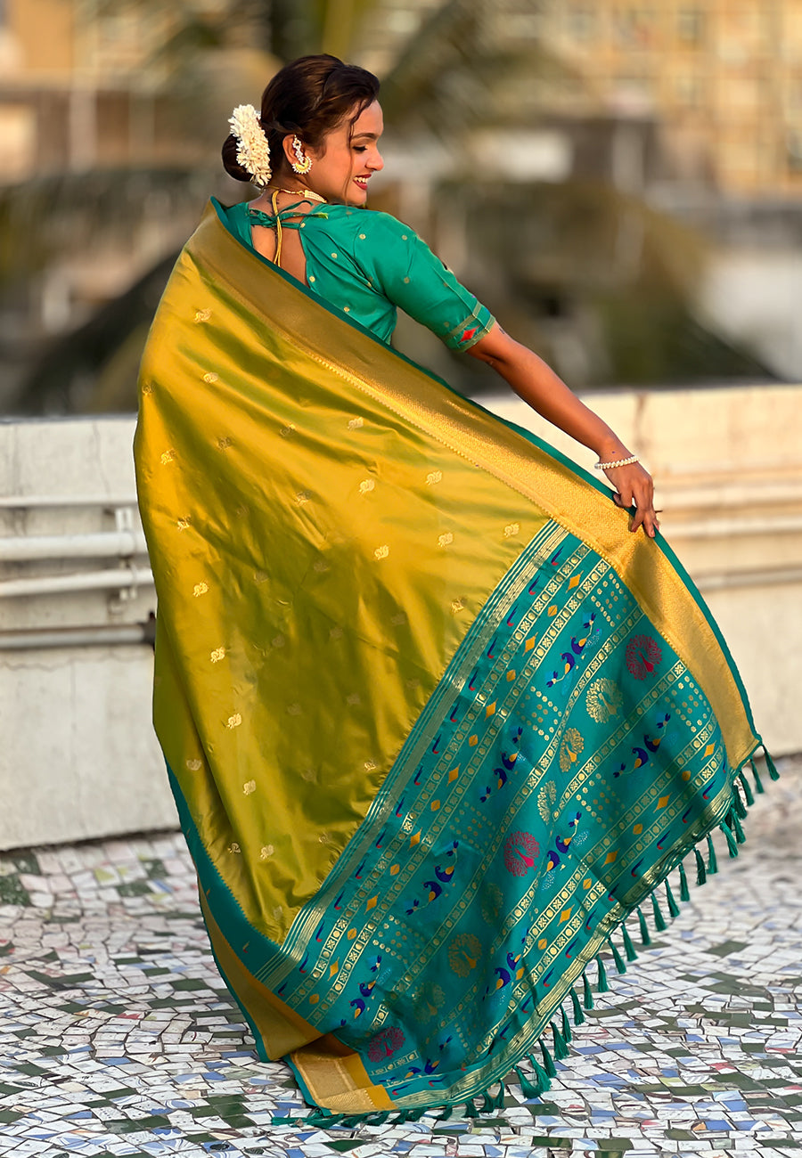 Woven Gold Jari Peacock Designer Mahendi Paithani Silk Ethnic Saree