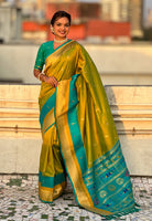 Woven Gold Jari Peacock Designer Mahendi Paithani Silk Ethnic Saree