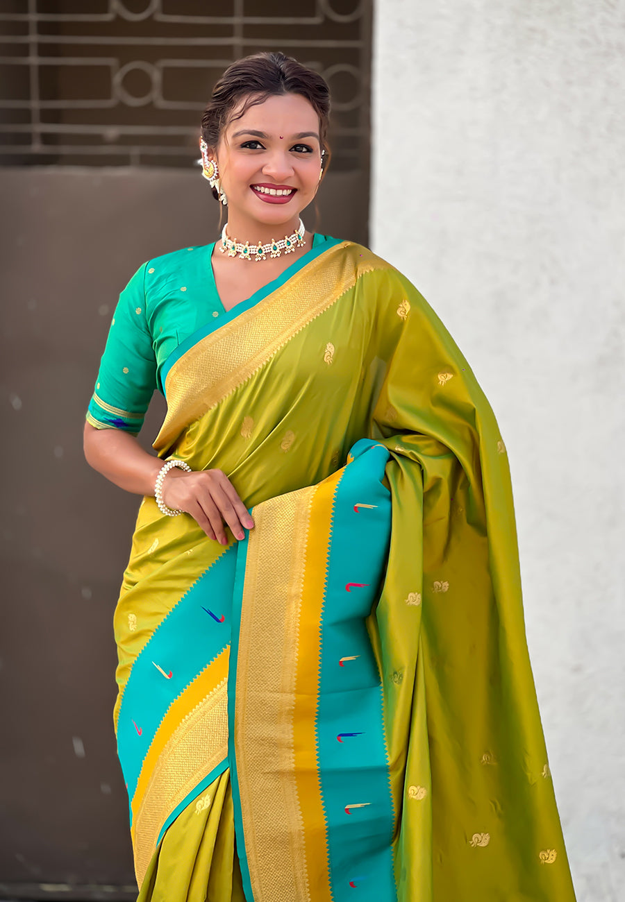 Woven Gold Jari Peacock Designer Mahendi Paithani Silk Ethnic Saree
