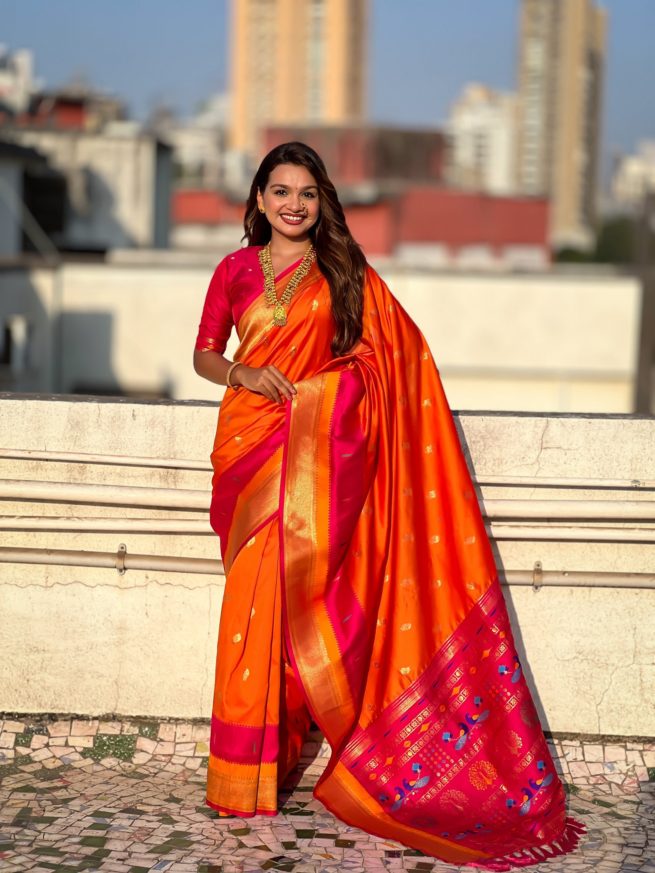 Woven Gold Jari Peacock Designer Orange Paithani Silk Ethnic Saree