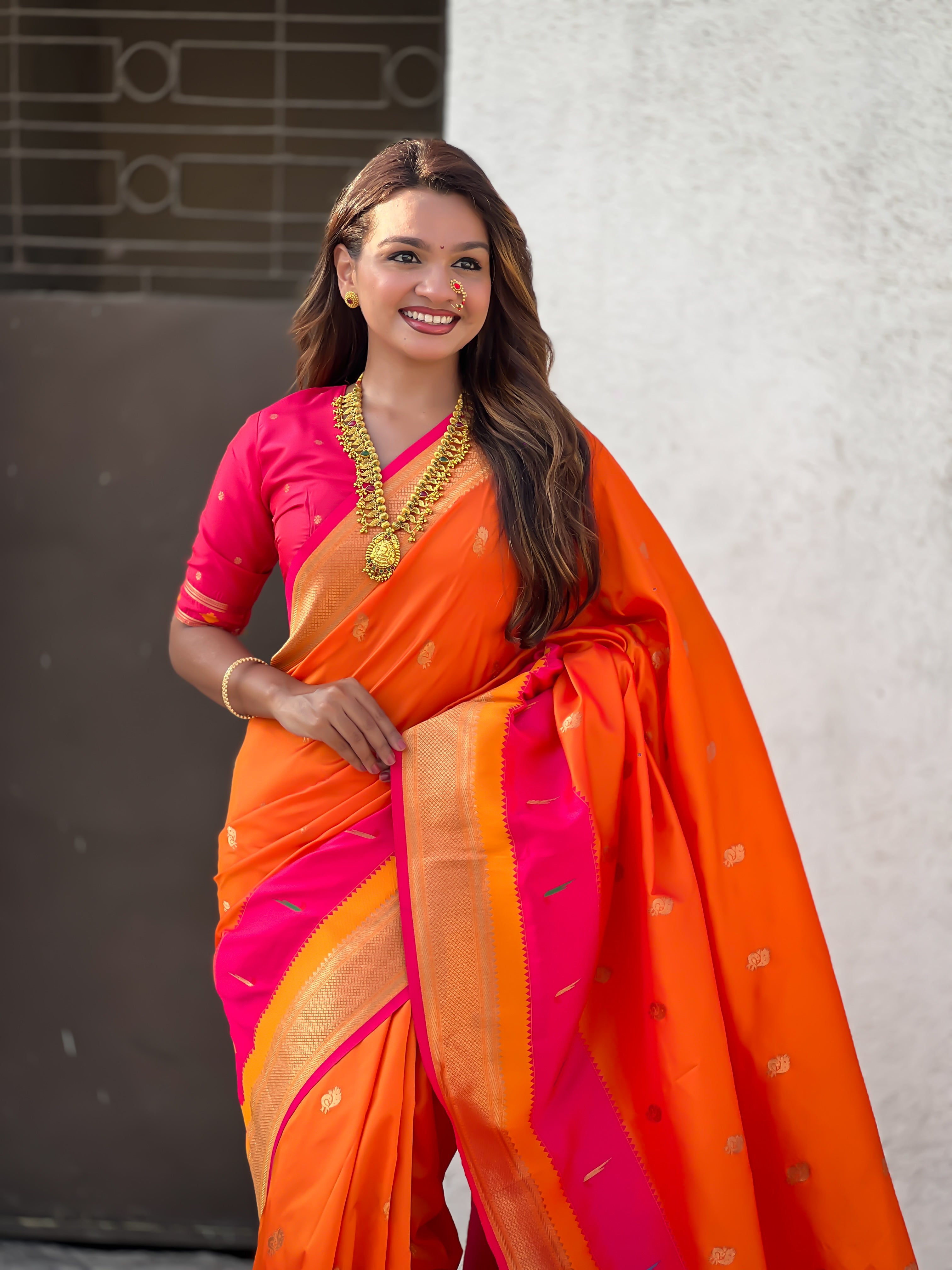 Woven Gold Jari Peacock Designer Orange Paithani Silk Ethnic Saree