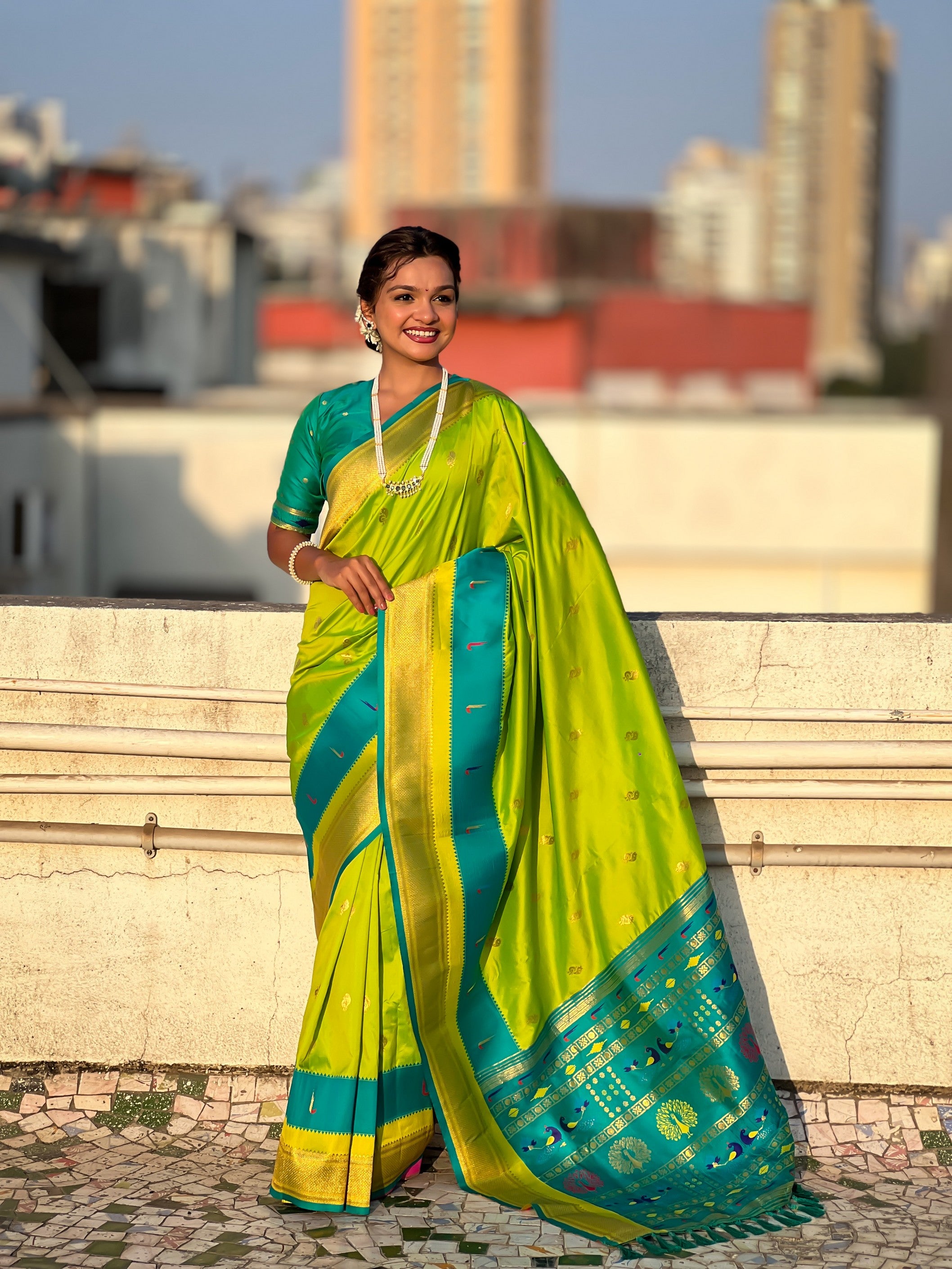 Woven Gold Jari Peacock Designer Parrot Green Paithani Silk Ethnic Saree