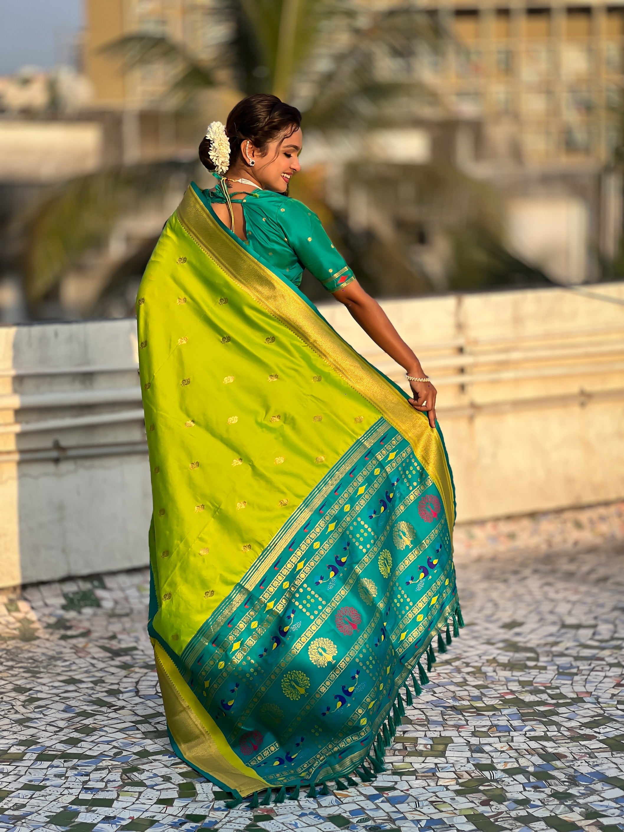 Woven Gold Jari Peacock Designer Parrot Green Paithani Silk Ethnic Saree