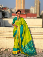 Woven Gold Jari Peacock Designer Parrot Green Paithani Silk Ethnic Saree
