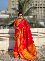 Woven Gold Jari Peacock Designer Red Paithani Silk Ethnic Saree