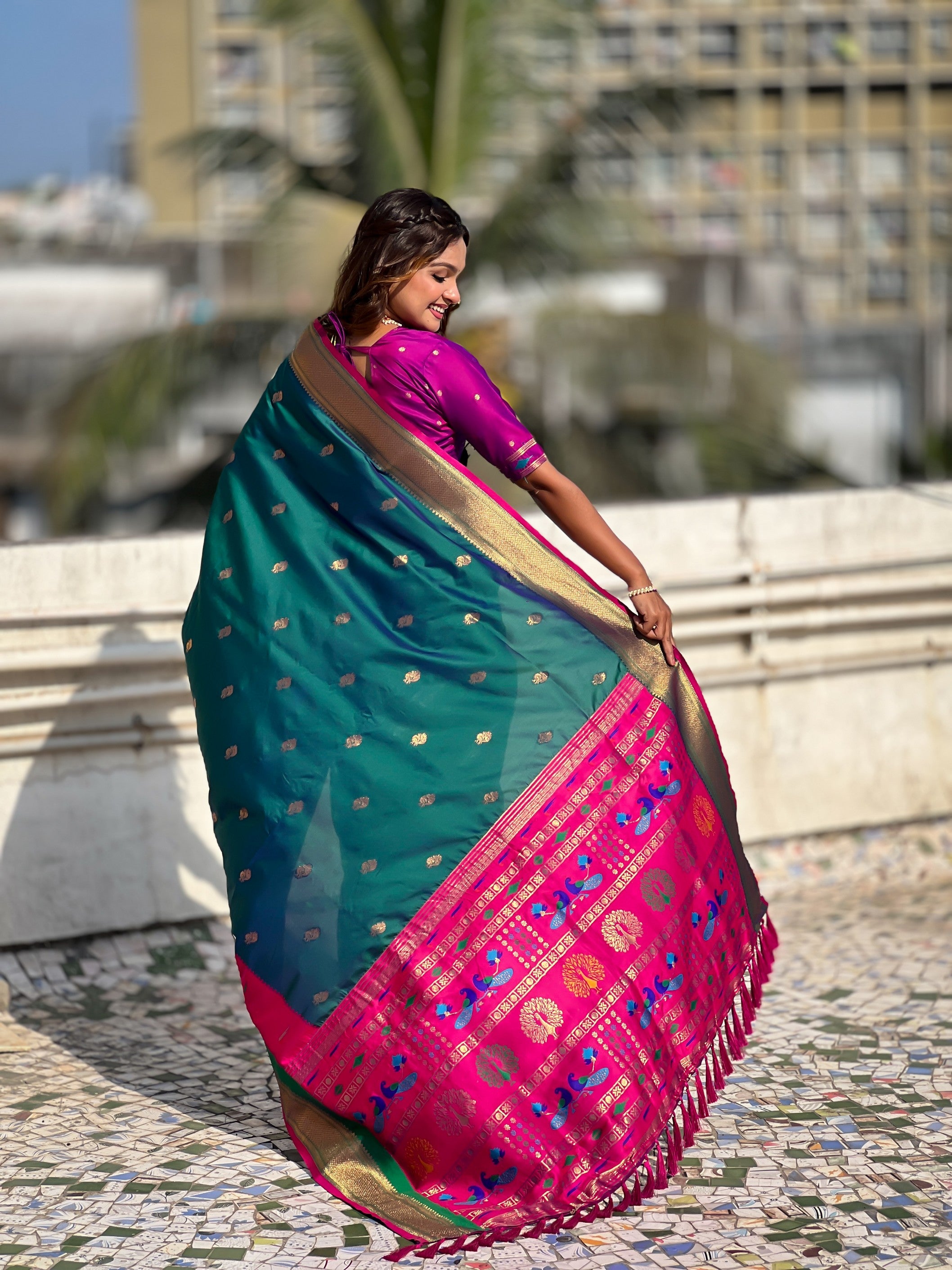 Woven Gold Jari Peacock Designer Sea Green Paithani Silk Ethnic Saree