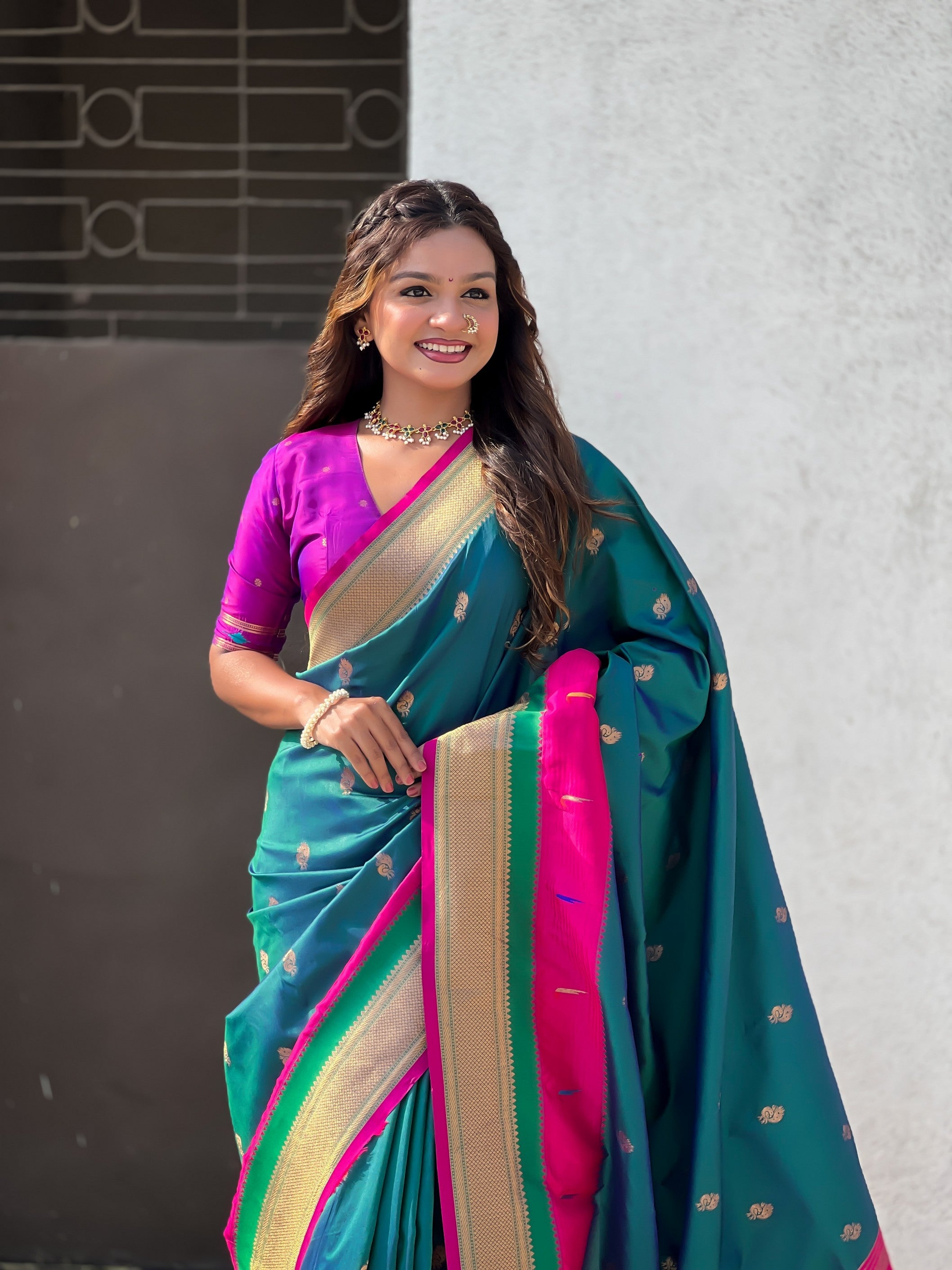 Woven Gold Jari Peacock Designer Sea Green Paithani Silk Ethnic Saree