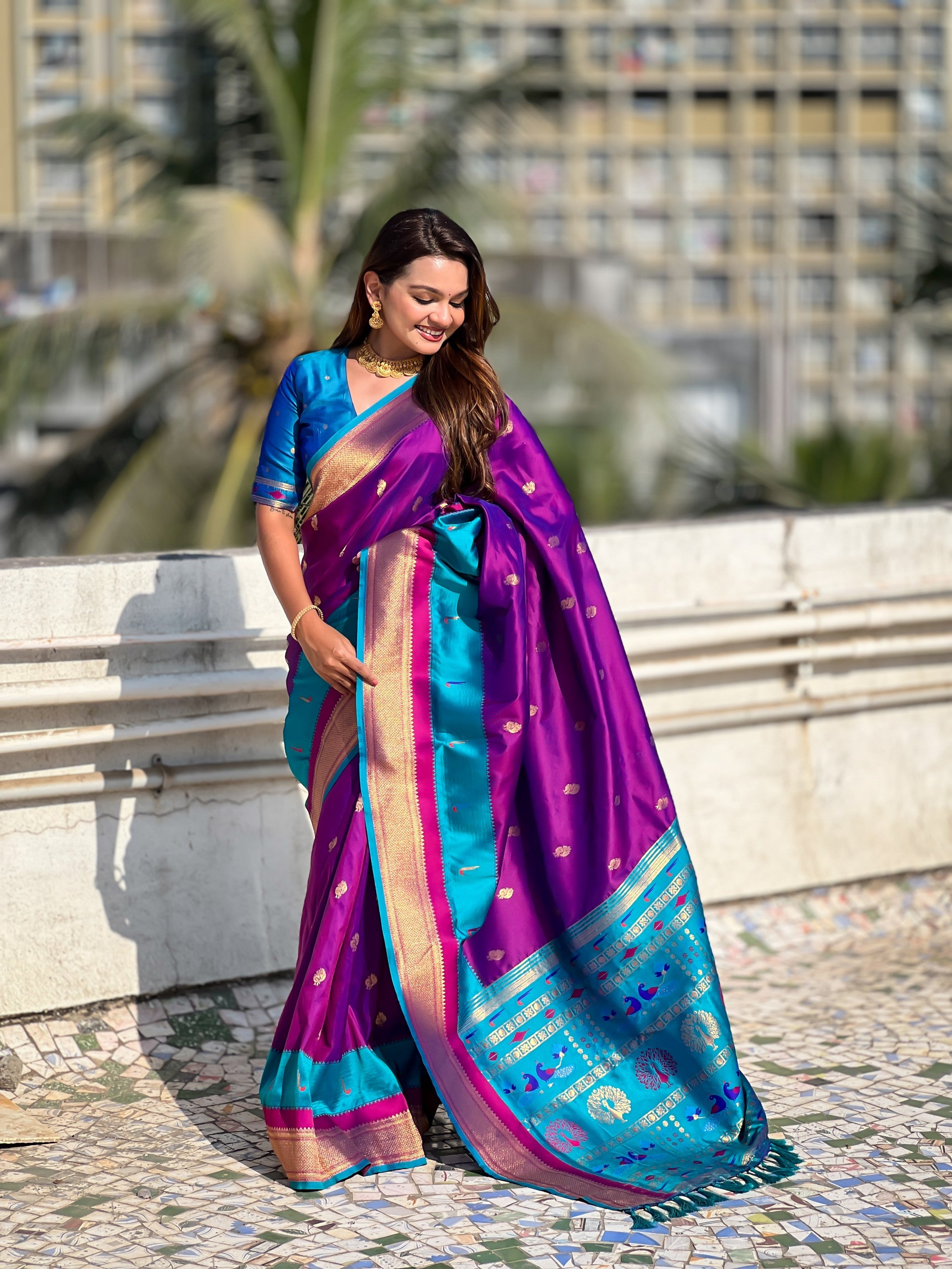 Woven Gold Jari Peacock Designer Voilet Paithani Silk Ethnic Saree