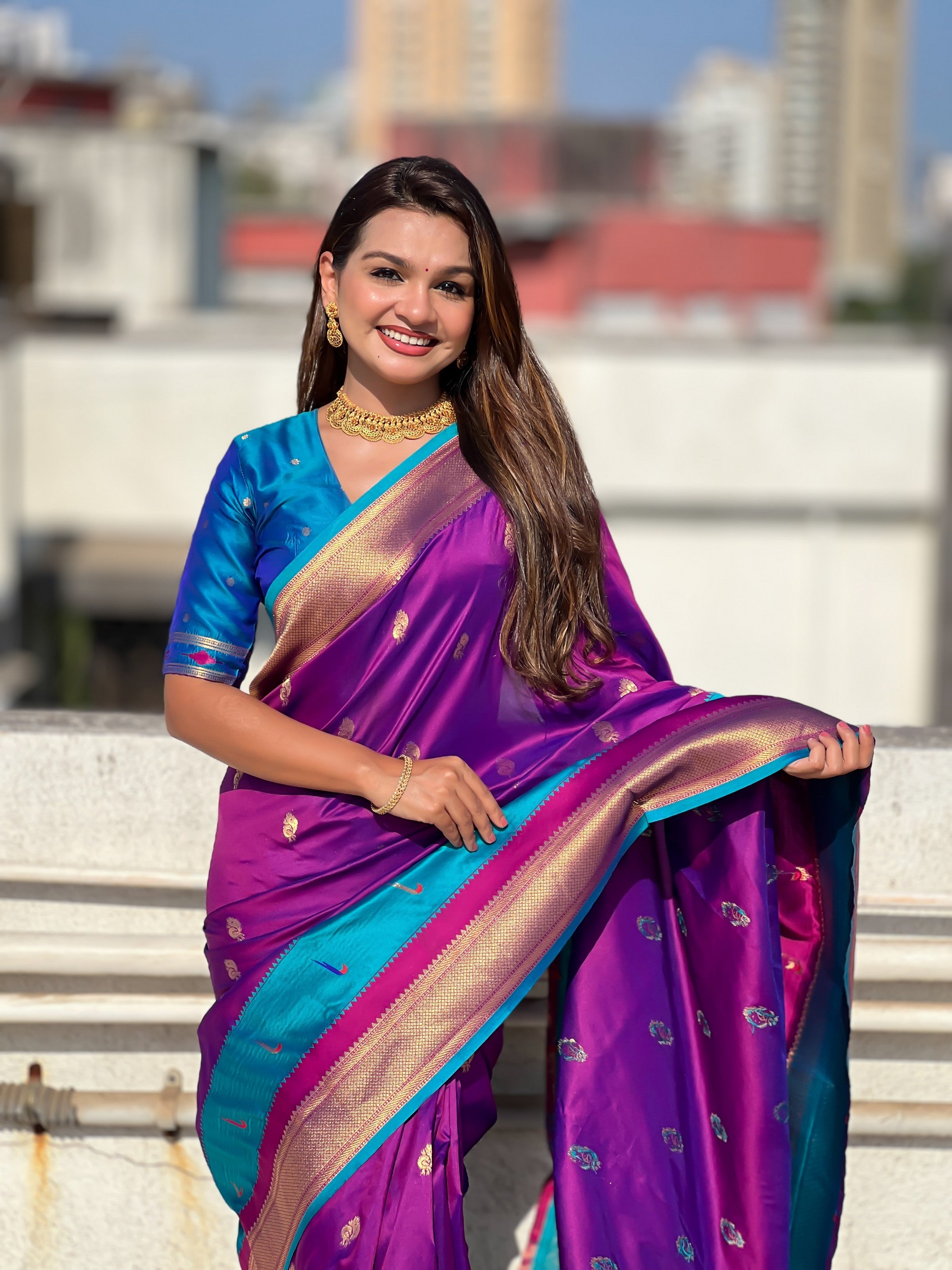 Woven Gold Jari Peacock Designer Voilet Paithani Silk Ethnic Saree