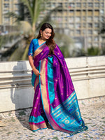 Woven Gold Jari Peacock Designer Voilet Paithani Silk Ethnic Saree