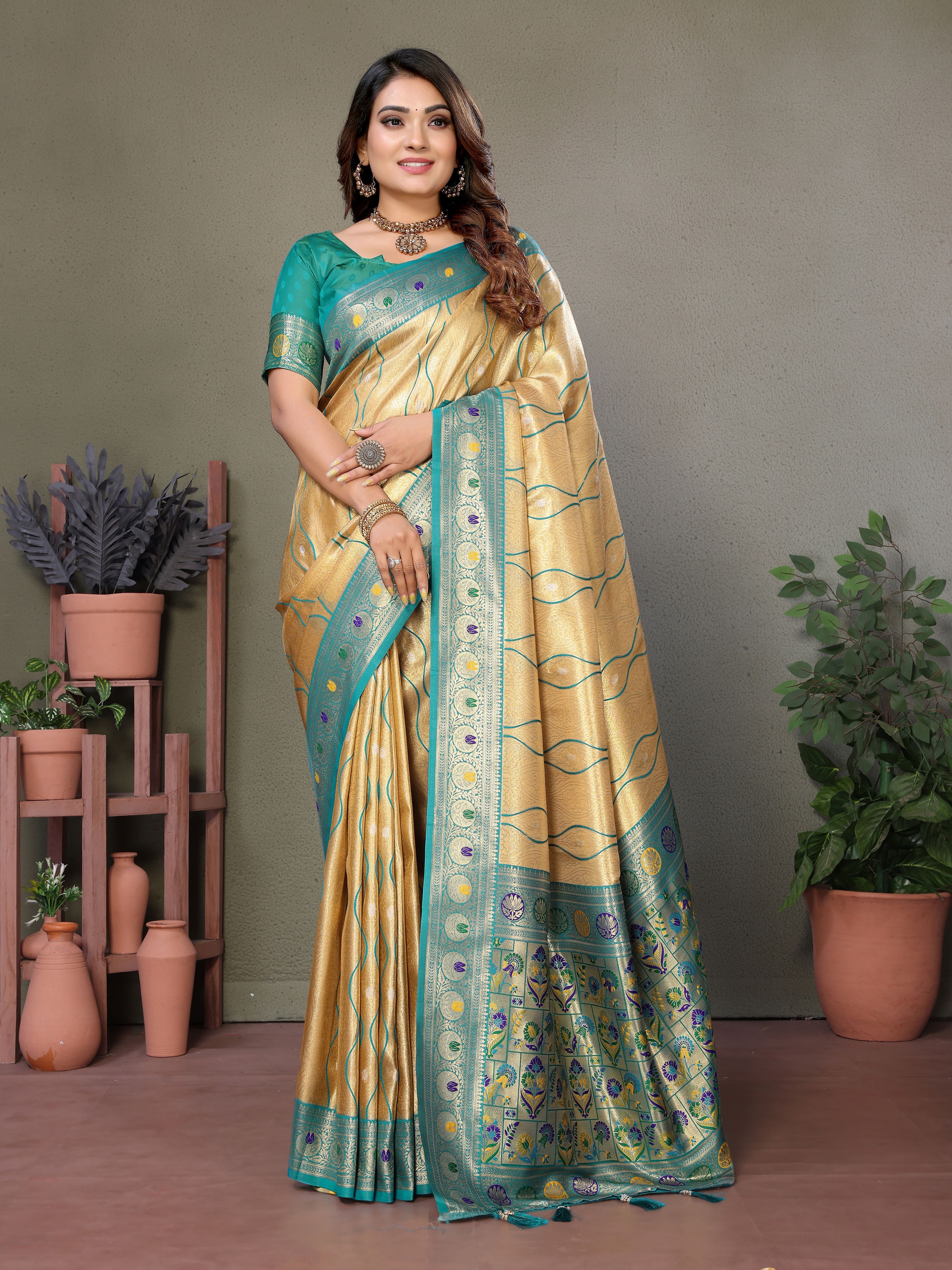 Woven Heavy Designer Banarasi Tissue Silk Beige Ethnic Ceremonial Saree