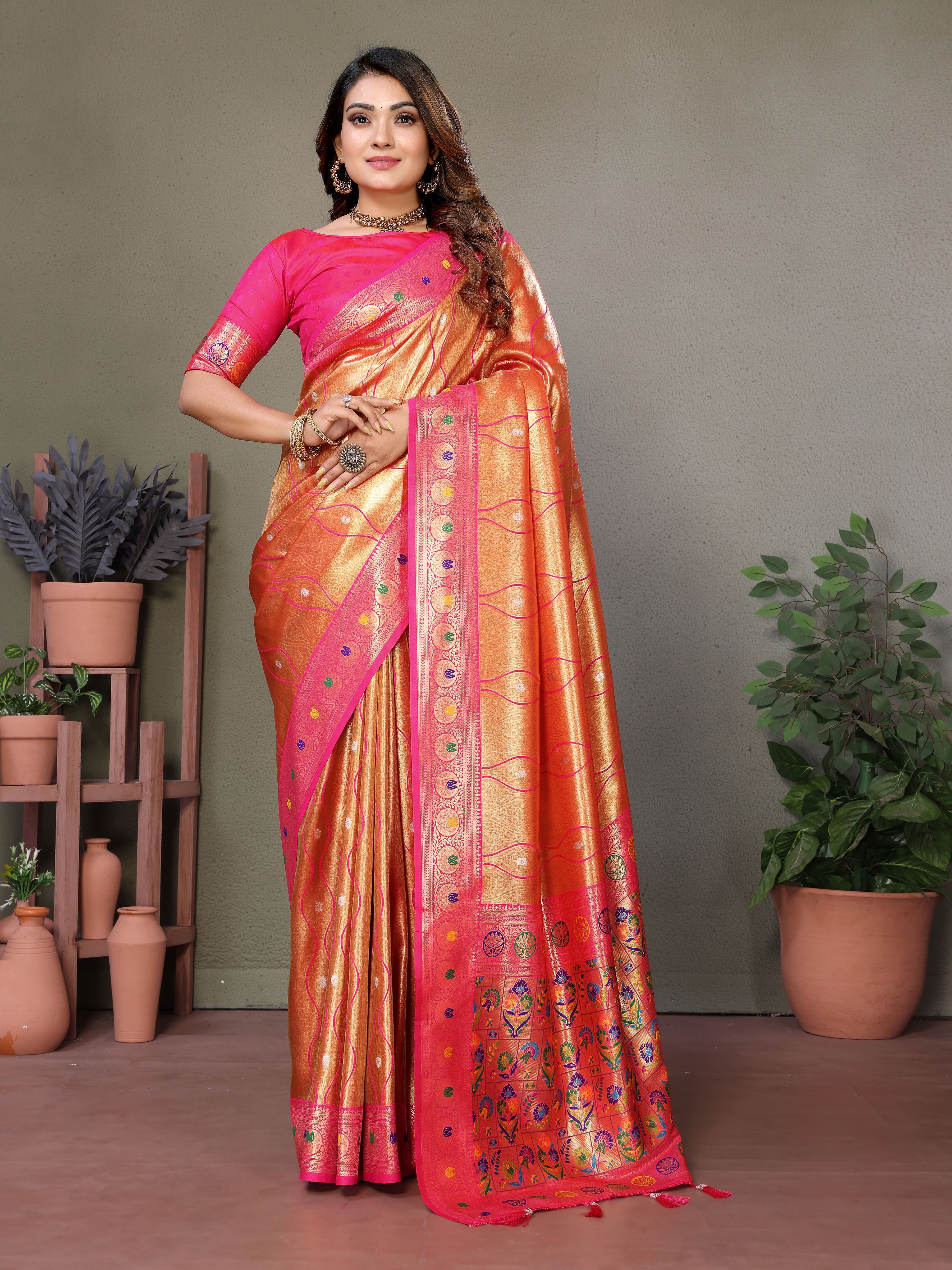 Woven Heavy Designer Banarasi Tissue Silk Orange Ethnic Ceremonial Saree